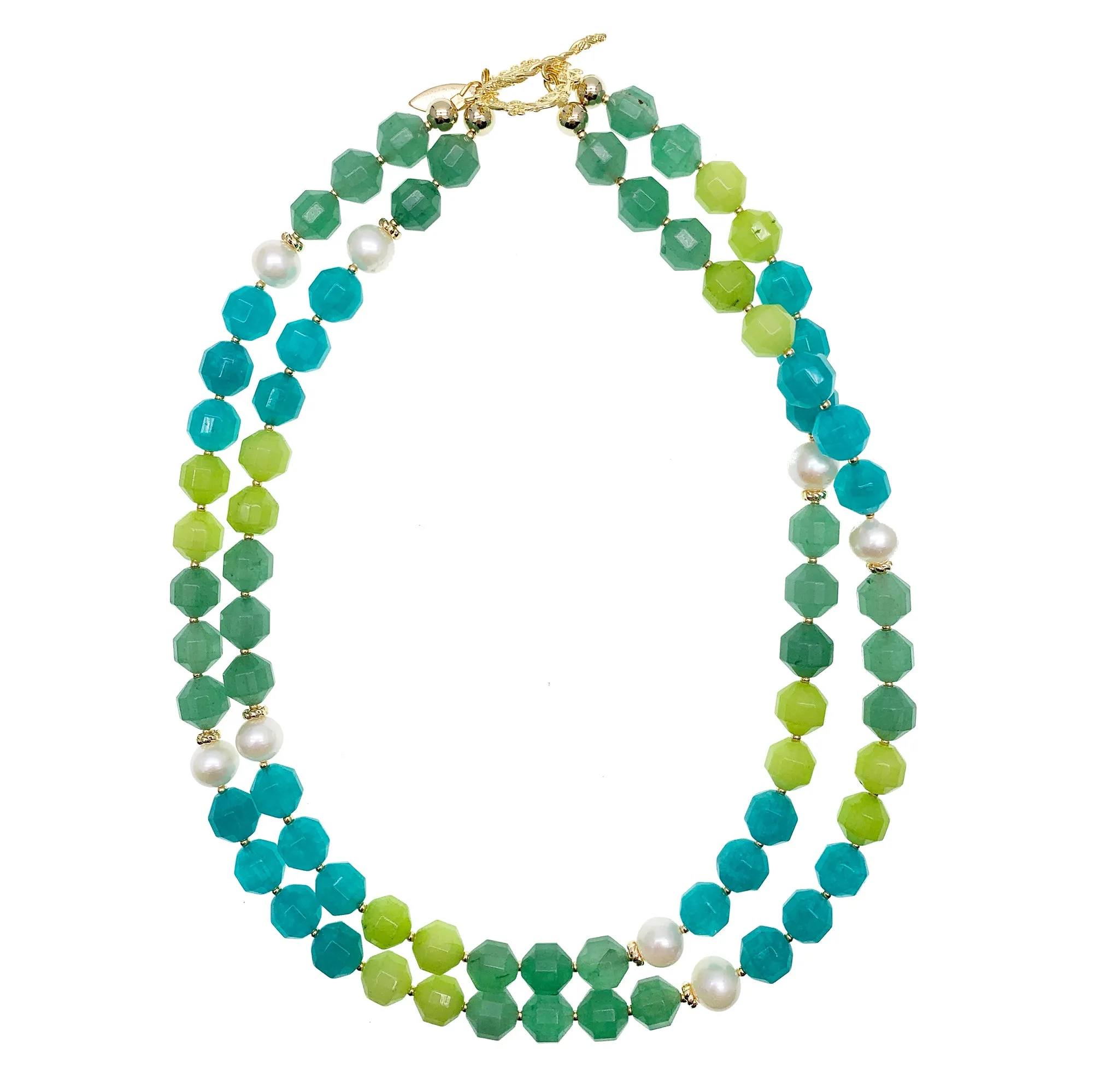 Green & Blue Color Mixed Jade With Pearls Double Layers Necklace HN015