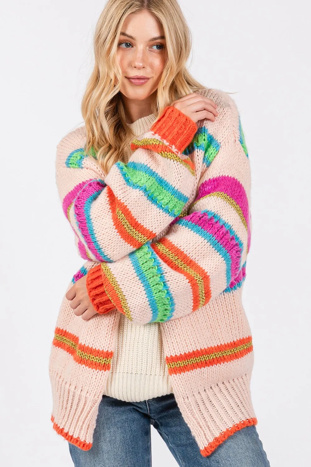 Hazel Blues® |  SAGE   FIG Rainbow Striped Open Front Knit Cardigan