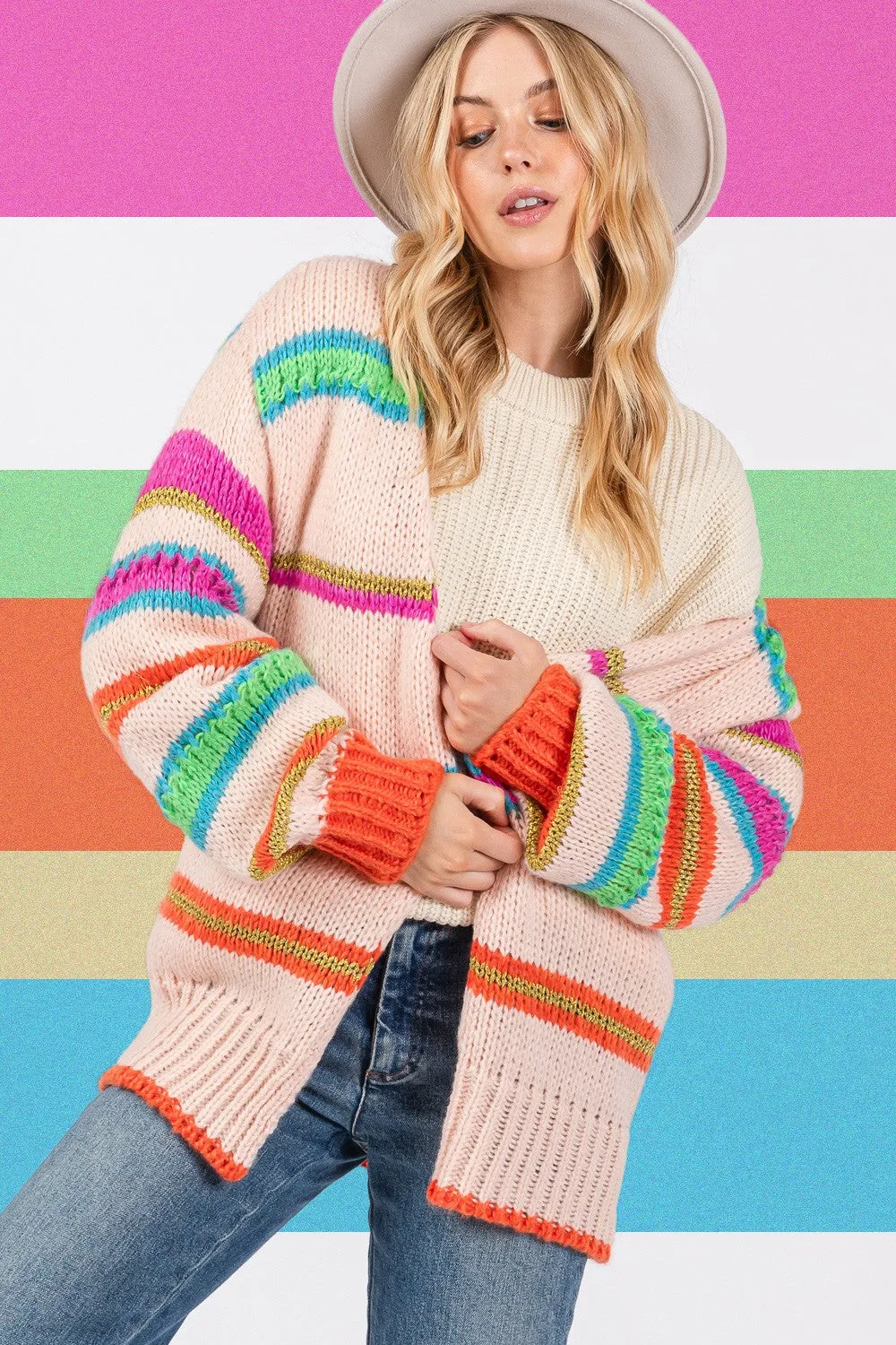 Hazel Blues® |  SAGE   FIG Rainbow Striped Open Front Knit Cardigan