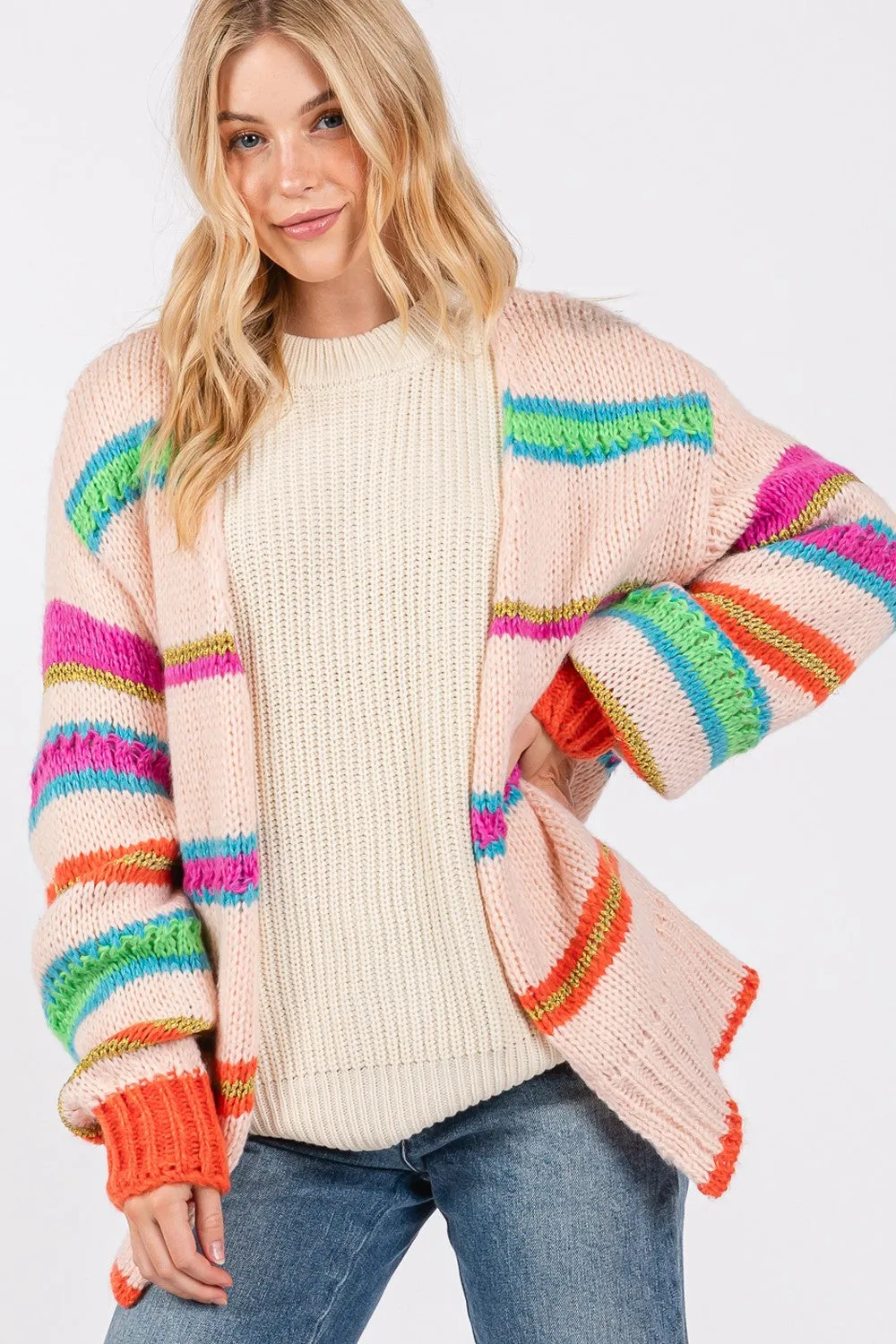 Hazel Blues® |  SAGE   FIG Rainbow Striped Open Front Knit Cardigan