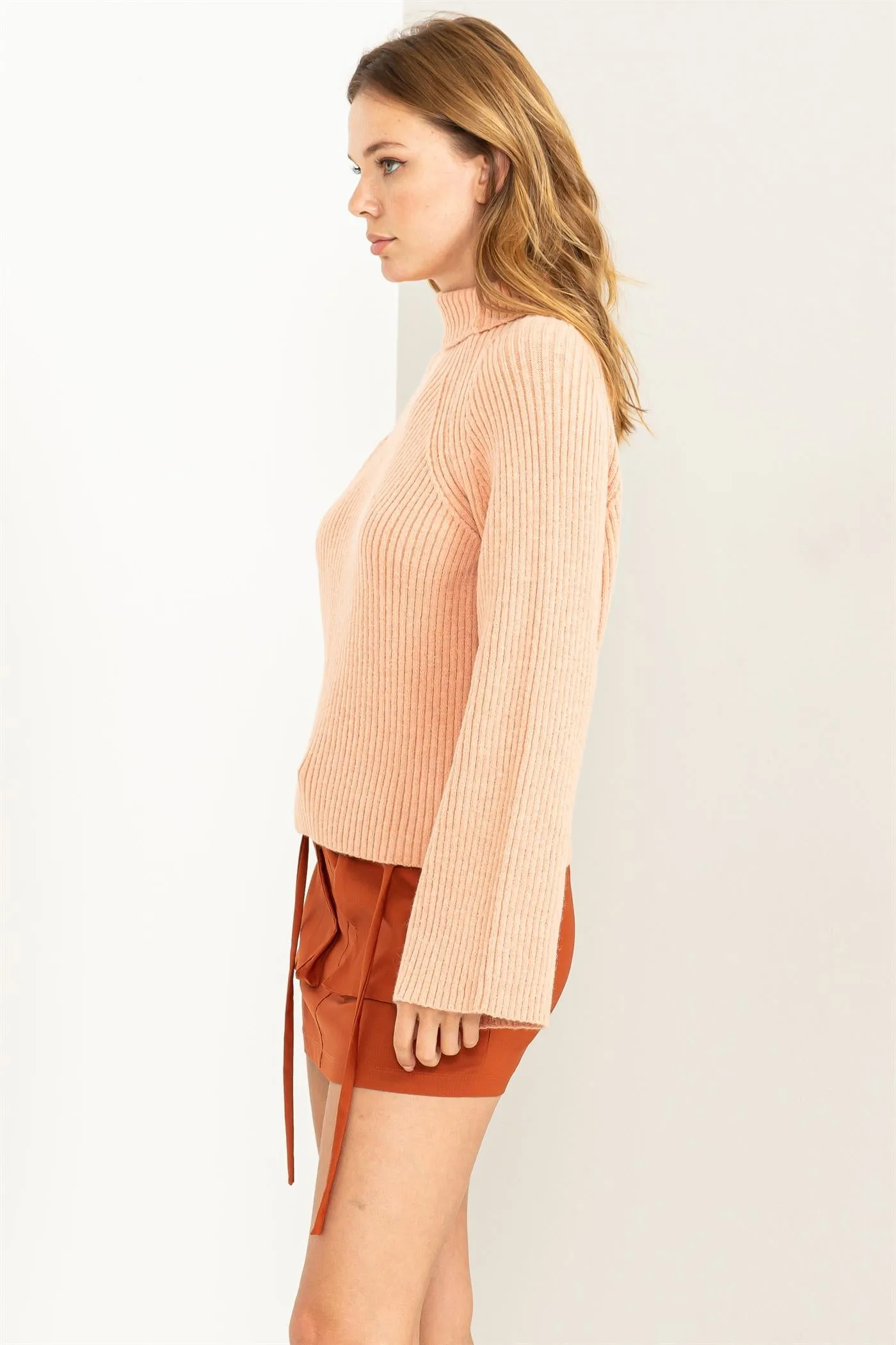 HF23F814-Mock Neck Ribbed Sweater Pullover