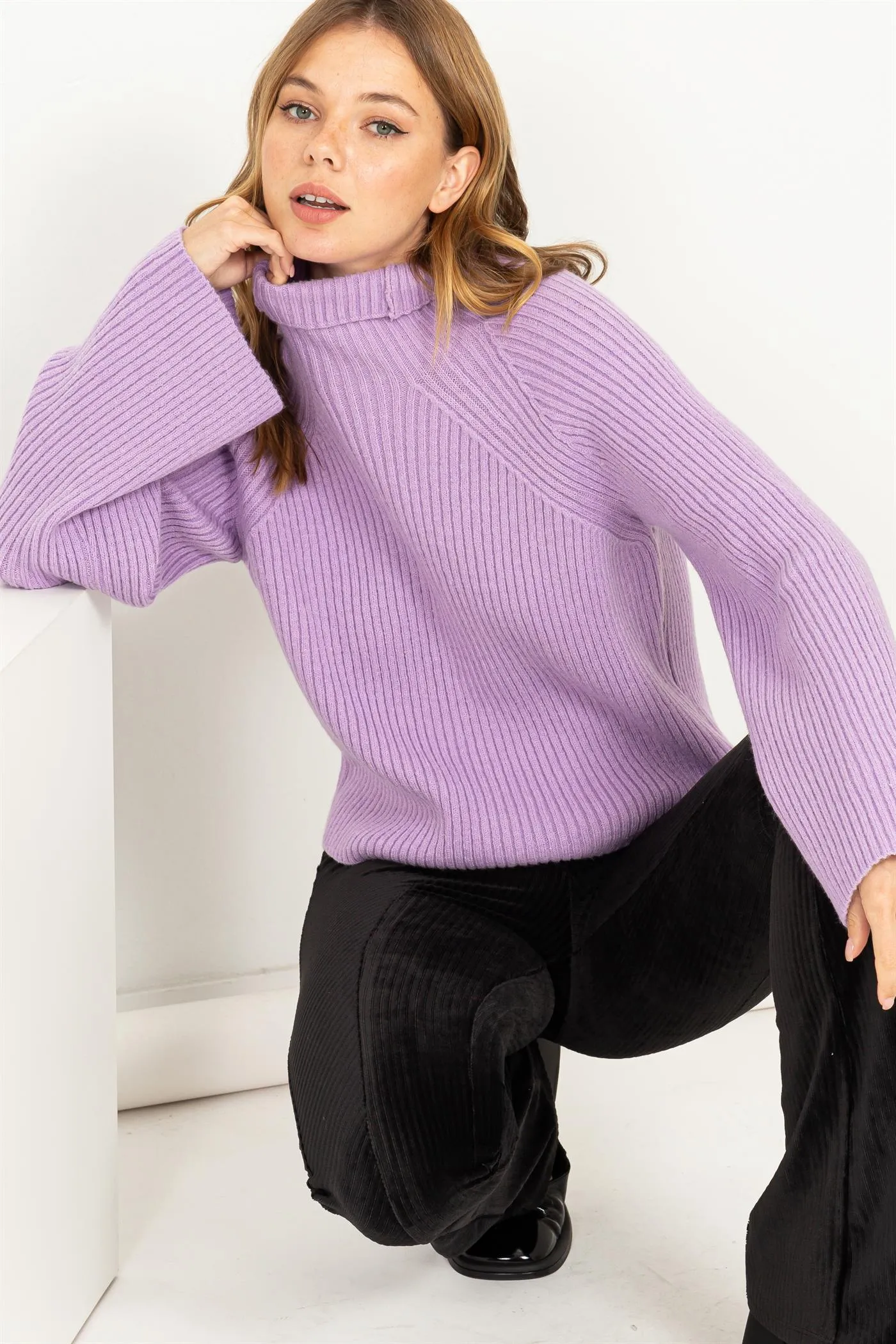 HF23F814-Mock Neck Ribbed Sweater Pullover