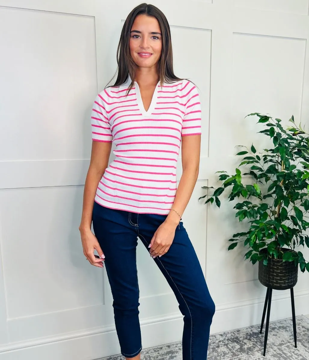 Ivory & Pink Stripe Rib Knit Top