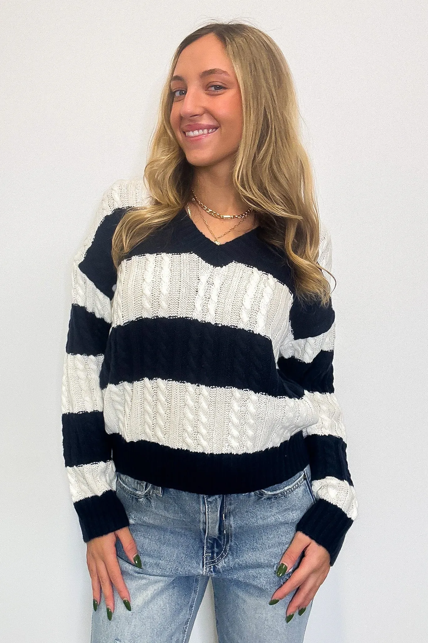 Julia V-Neck Striped Cable Knit Sweater