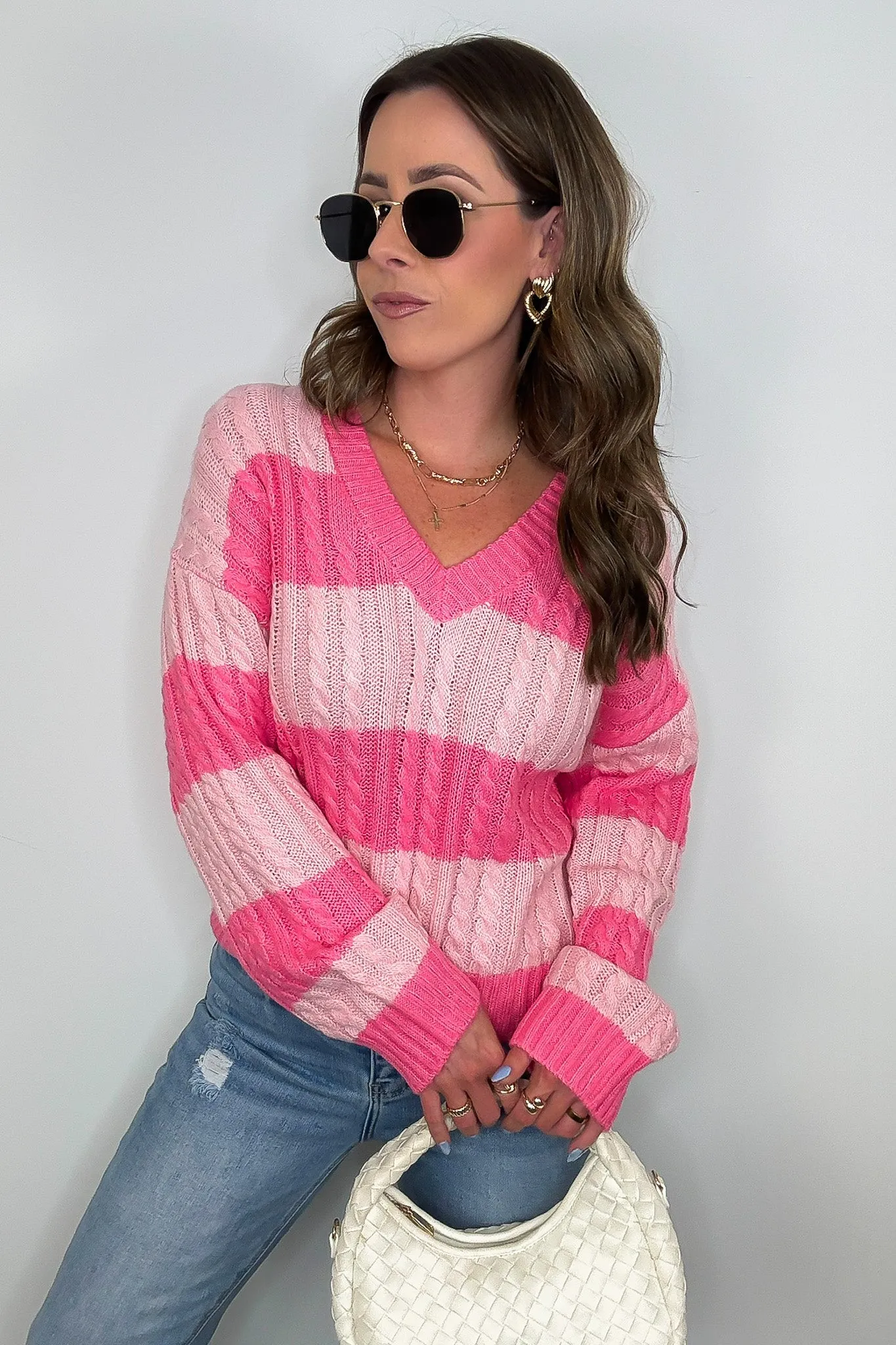 Julia V-Neck Striped Cable Knit Sweater