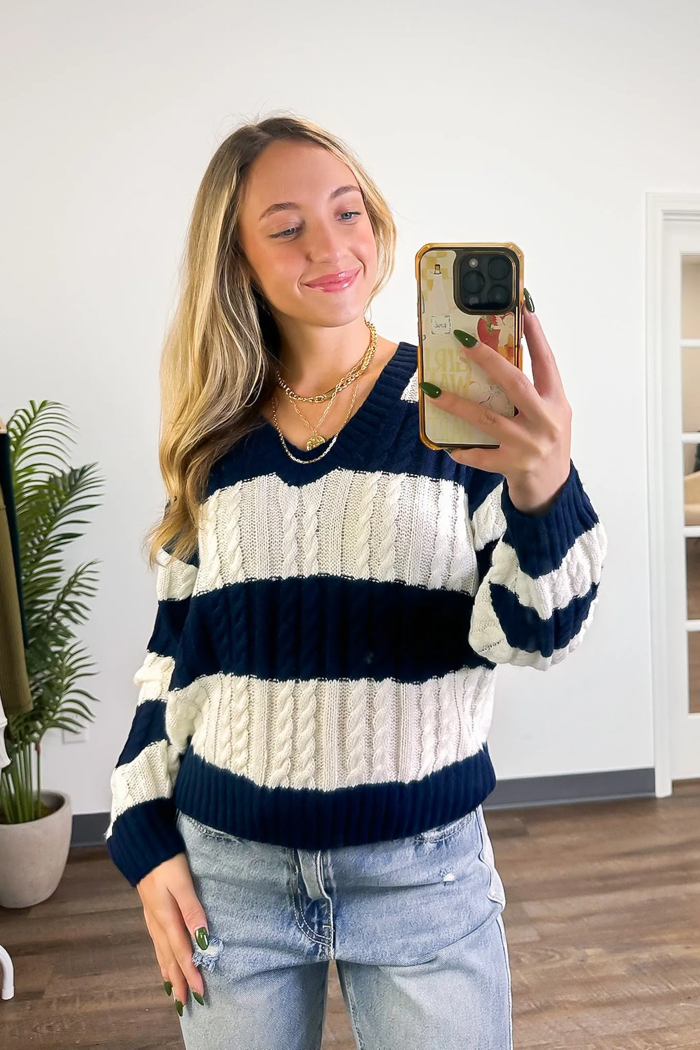 Julia V-Neck Striped Cable Knit Sweater