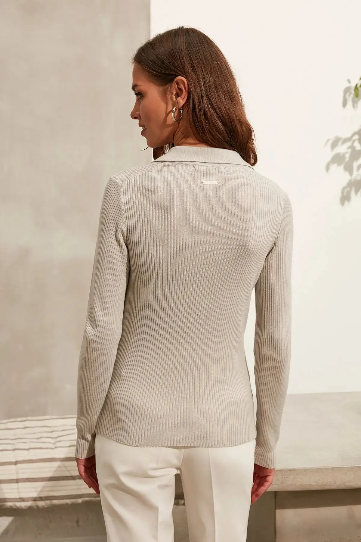 Light Gray Cashmere Melinda Polo Neck Long Sleeve Ribbed Women's Knitwear