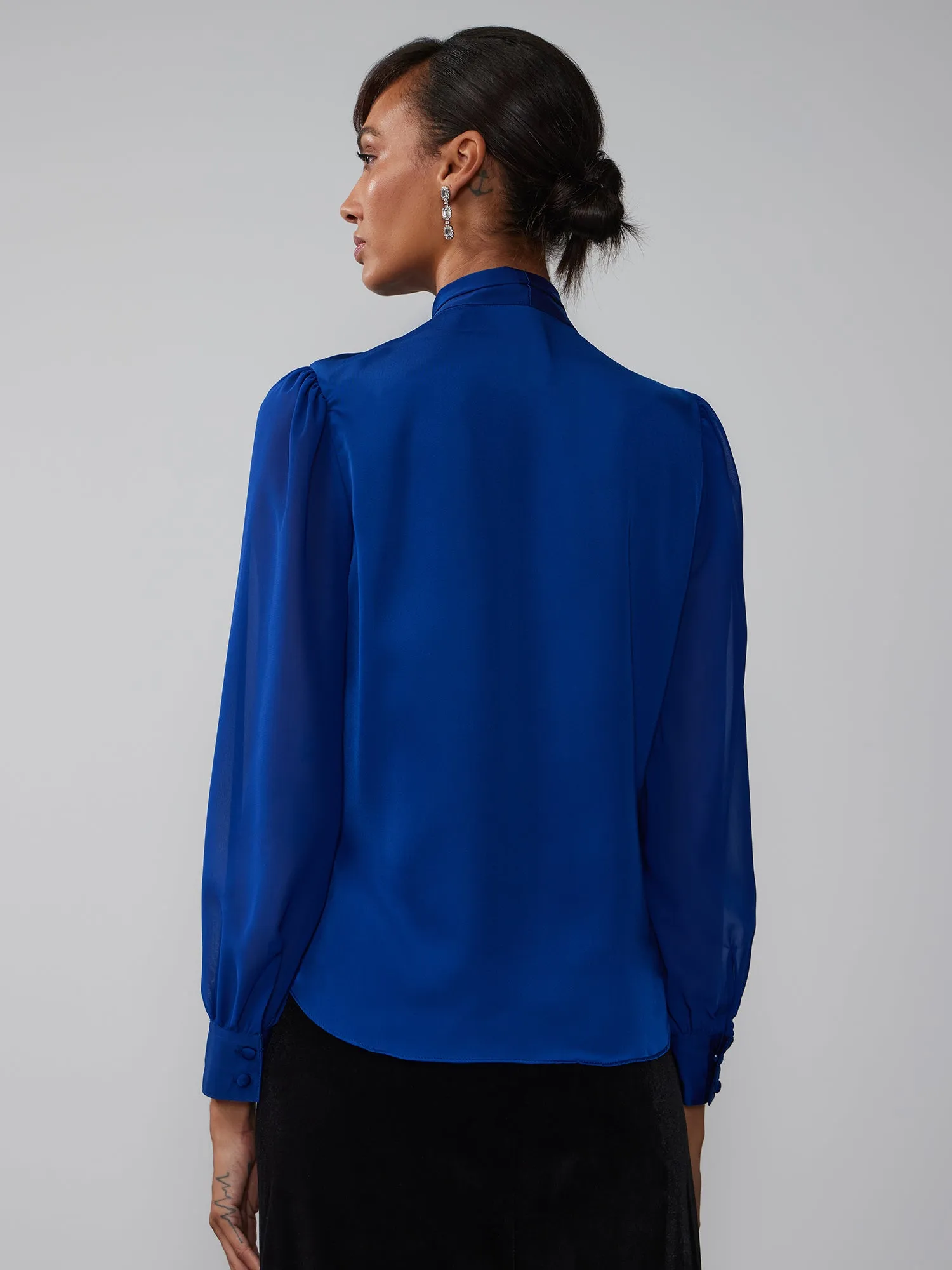 Long Sleeve Tie Up Neck Satin Blouse