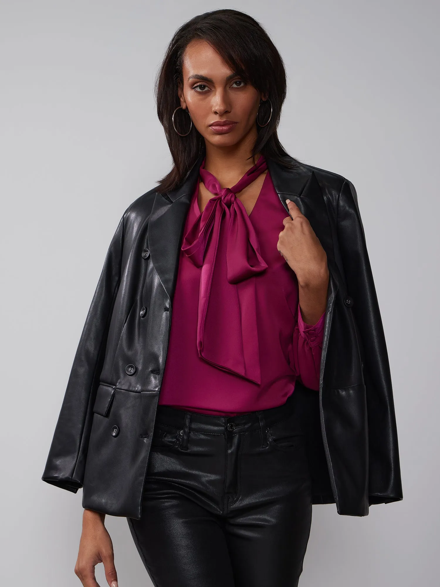 Long Sleeve Tie Up Neck Satin Blouse