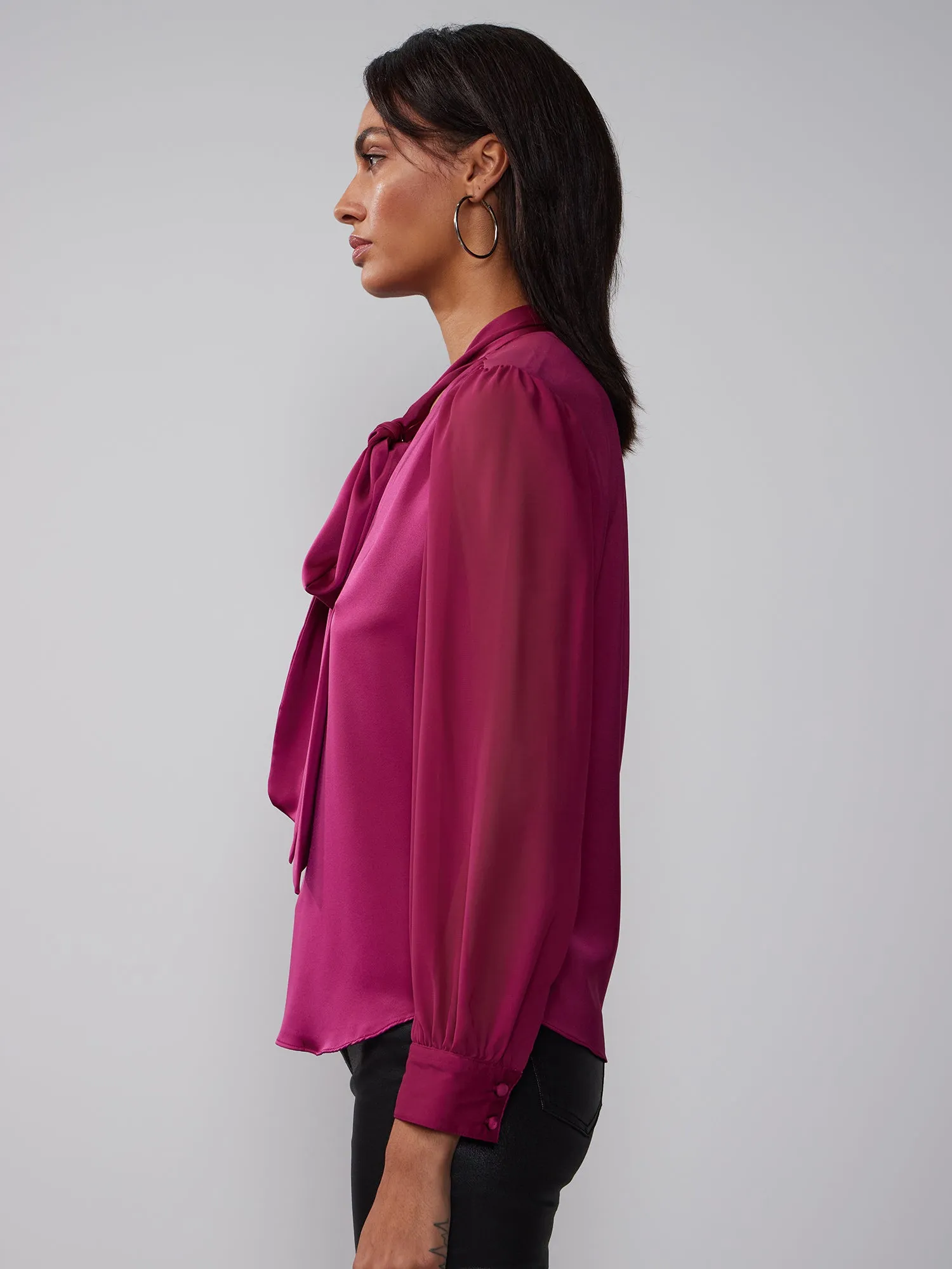 Long Sleeve Tie Up Neck Satin Blouse