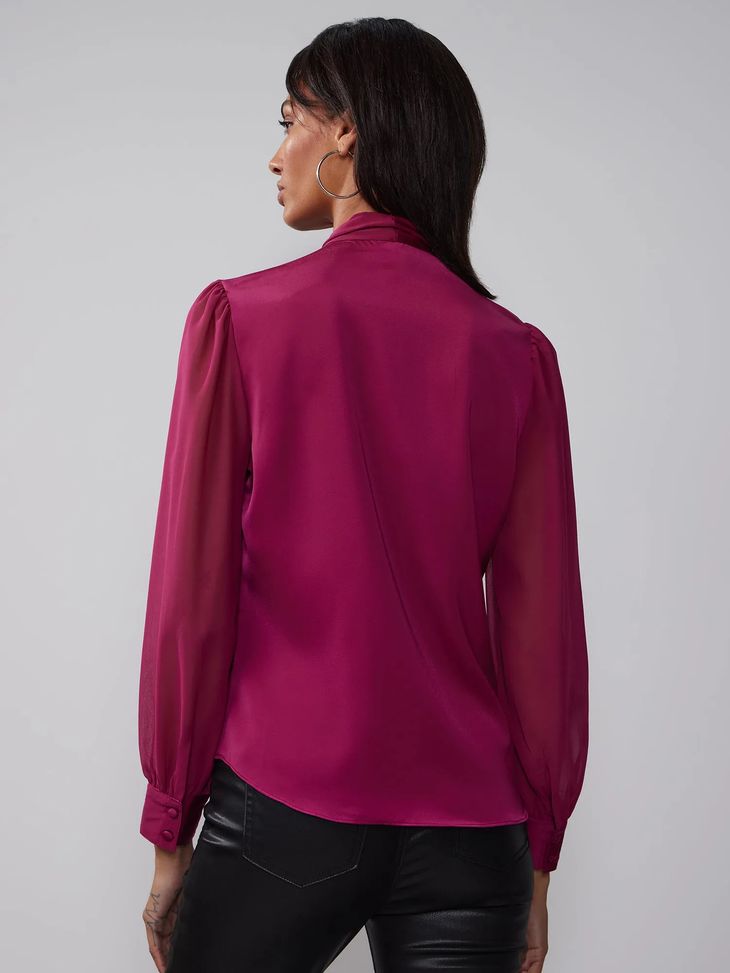 Long Sleeve Tie Up Neck Satin Blouse