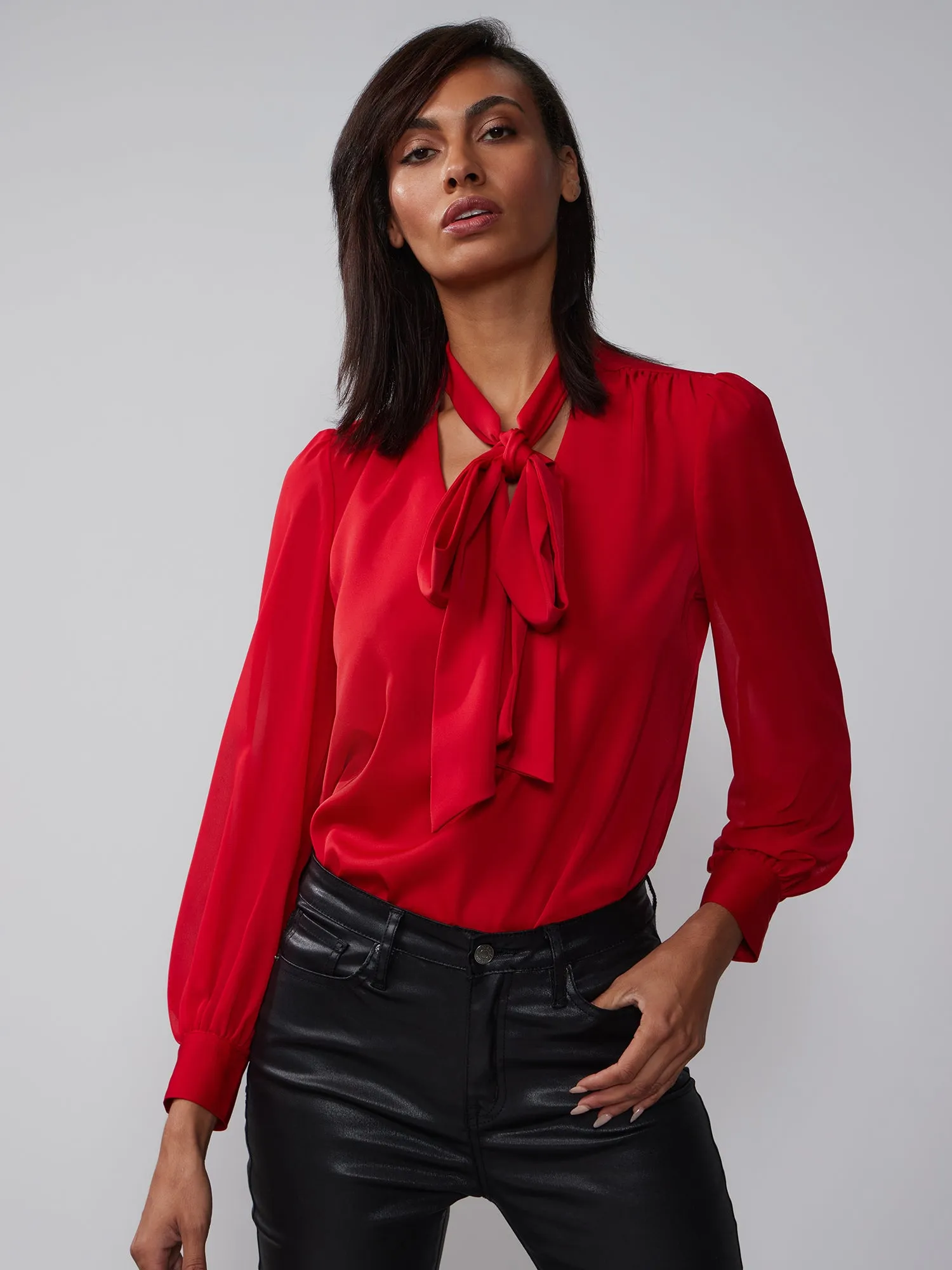 Long Sleeve Tie Up Neck Satin Blouse