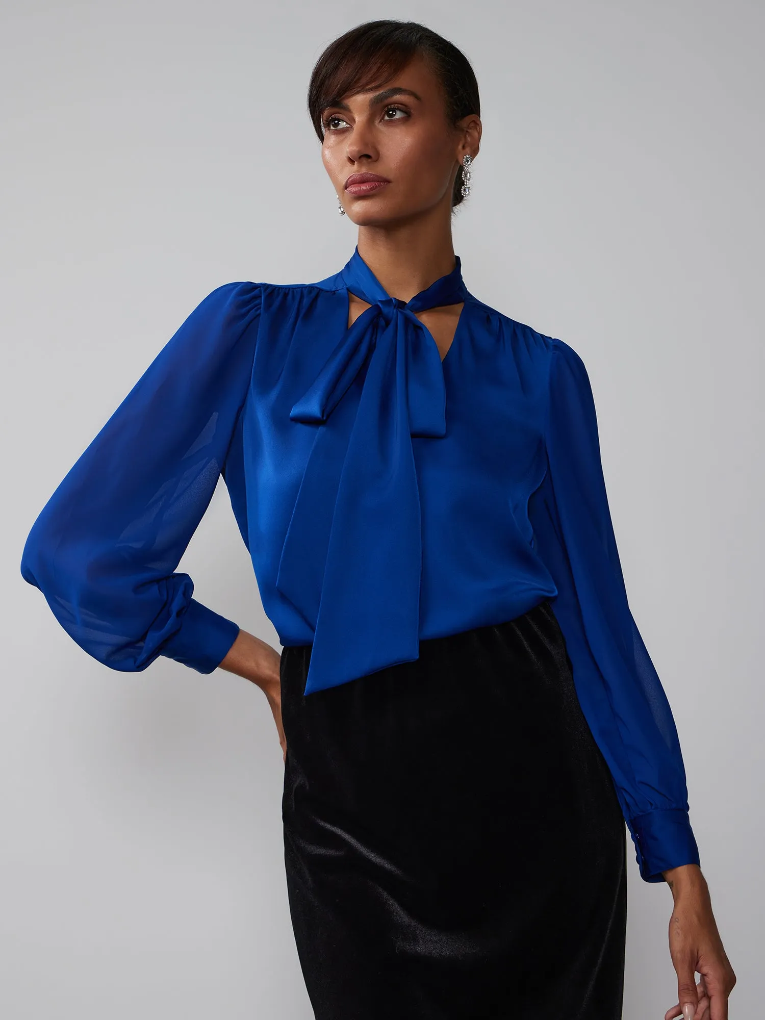 Long Sleeve Tie Up Neck Satin Blouse