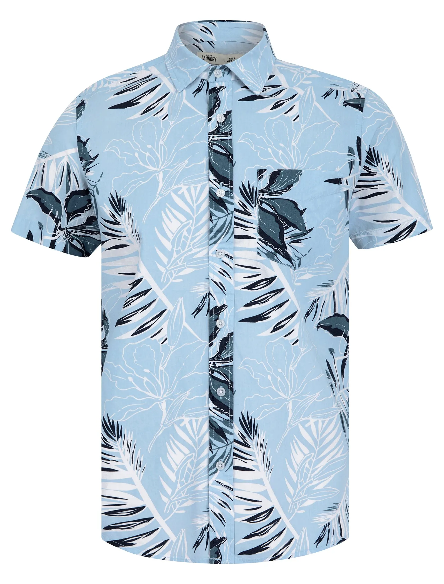 Mahana Tropical Print Short Sleeve Cotton Poplin Hawaiian Shirt in Dream Blue - Tokyo Laundry