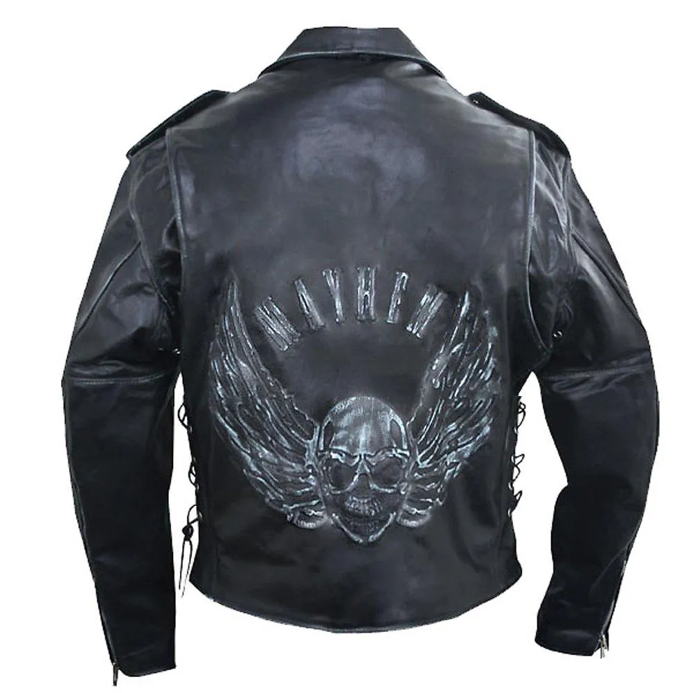 Men's Black Embossed Flying Skull Distressed Leather Jacket