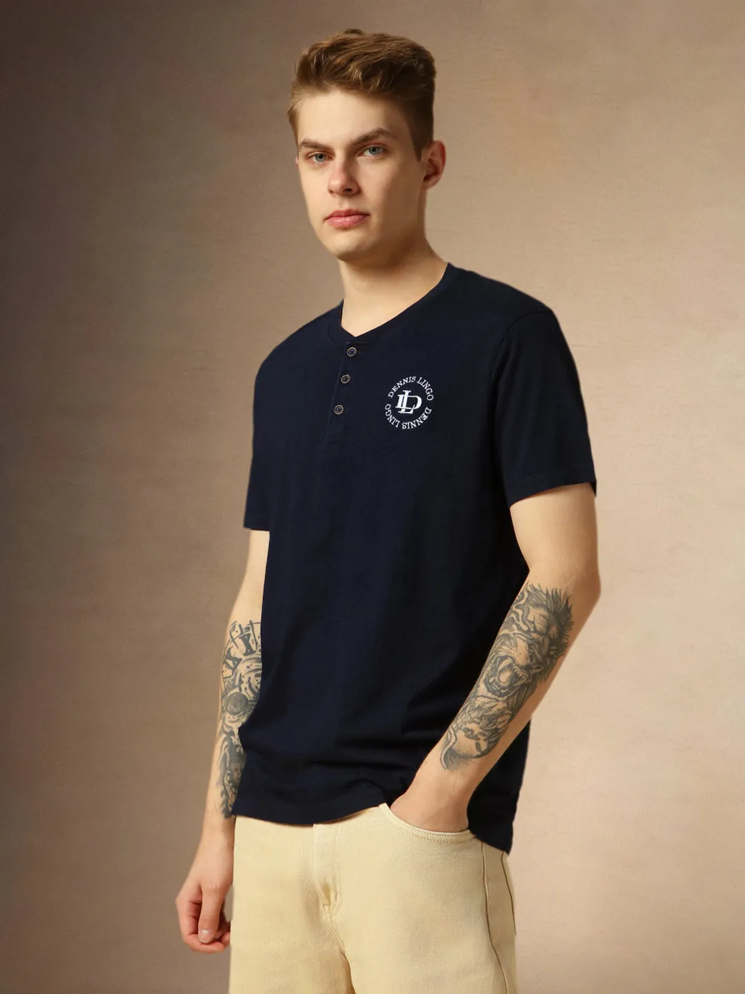 Men's Dark Blue Printed Henley Neck Half Sleeves T-shirt