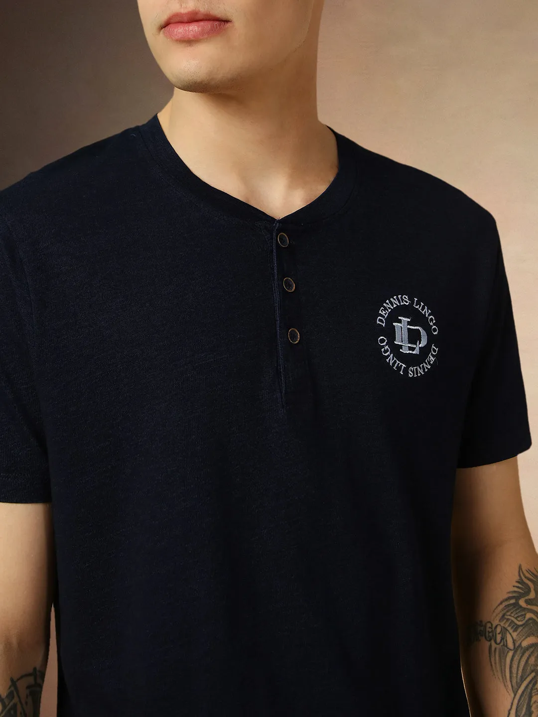 Men's Dark Blue Printed Henley Neck Half Sleeves T-shirt