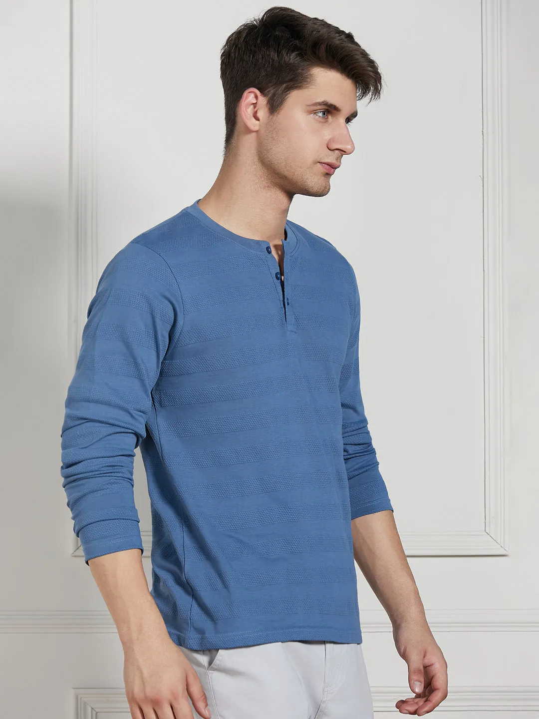 Men's Mid Blue Cotton Regular Fit Textured Henley Neck T-Shirt