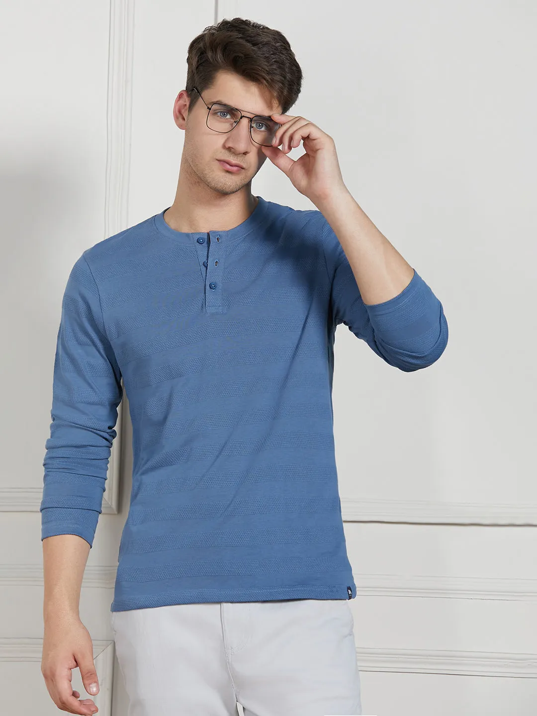 Men's Mid Blue Cotton Regular Fit Textured Henley Neck T-Shirt