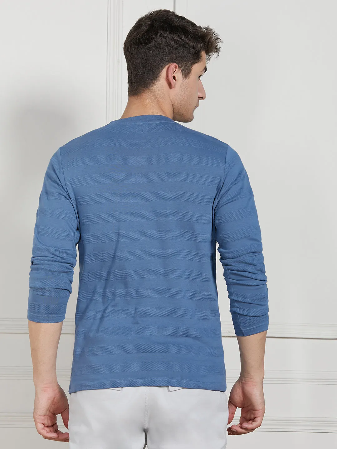 Men's Mid Blue Cotton Regular Fit Textured Henley Neck T-Shirt