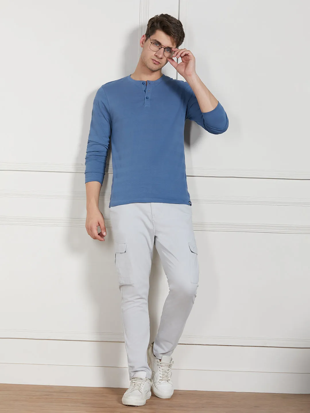 Men's Mid Blue Cotton Regular Fit Textured Henley Neck T-Shirt