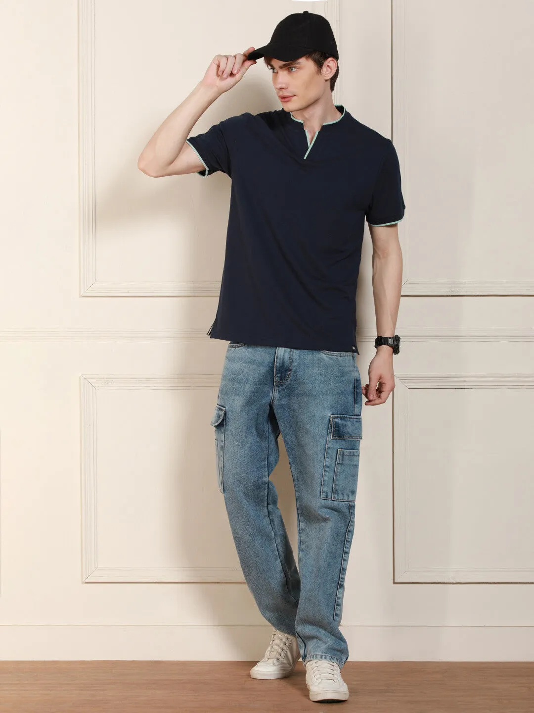 Men's Navy Solid Polo Collar Half Sleeves Casual T-Shirt