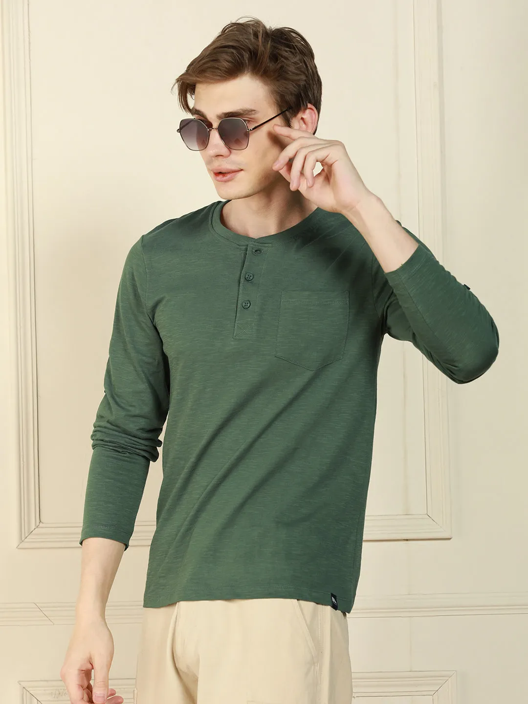 Men's Olive Henley Neck Solid Cotton T-Shirt