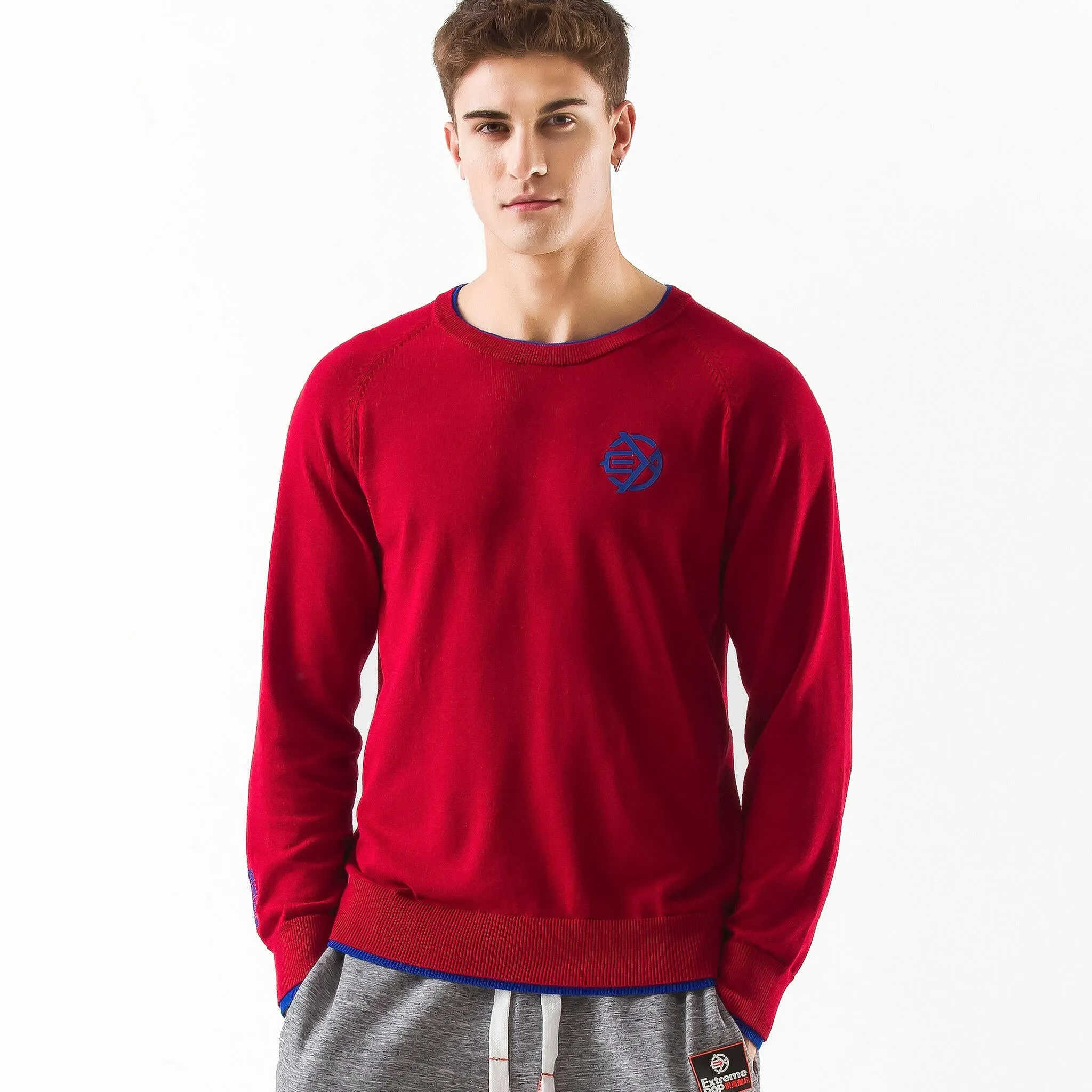 Men's Raglan Double Layers Bottom Sweater  S M L XL Red Grey