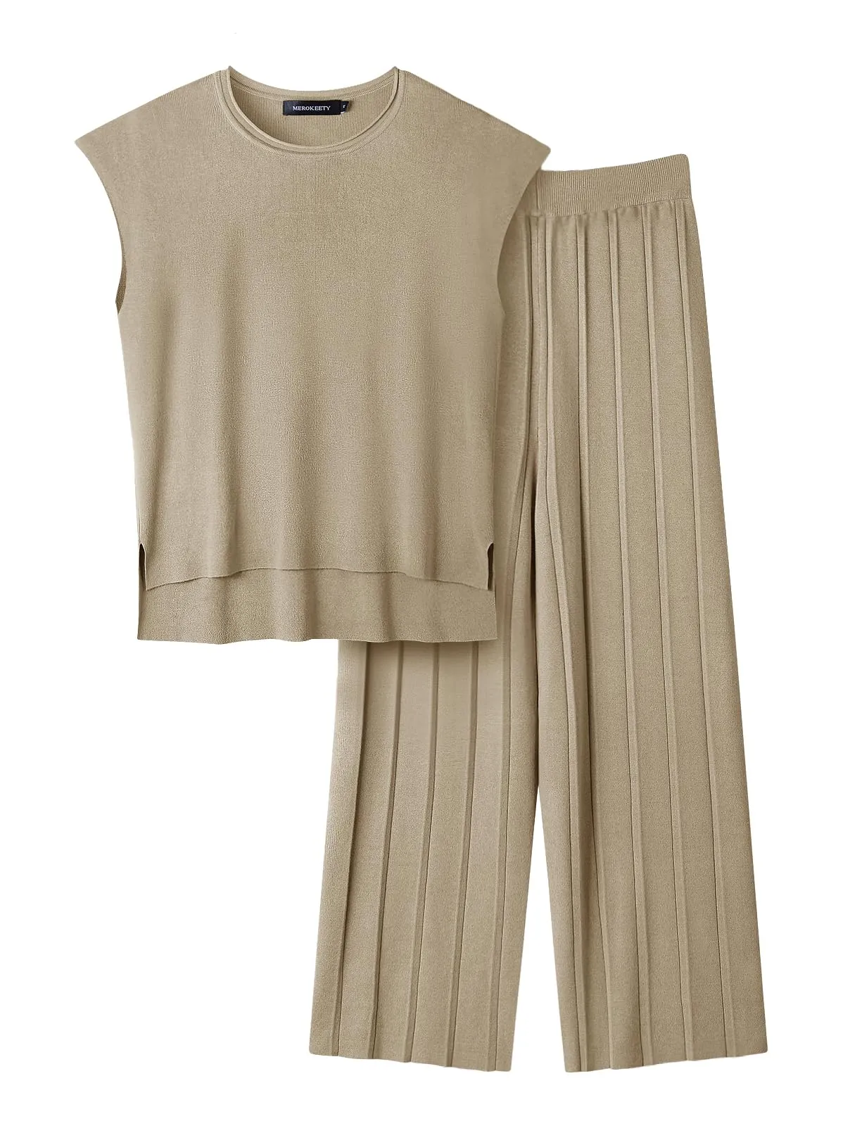 MEROKEETY Cap Sleeve Sweater Top Pleated Pants Lounge Set