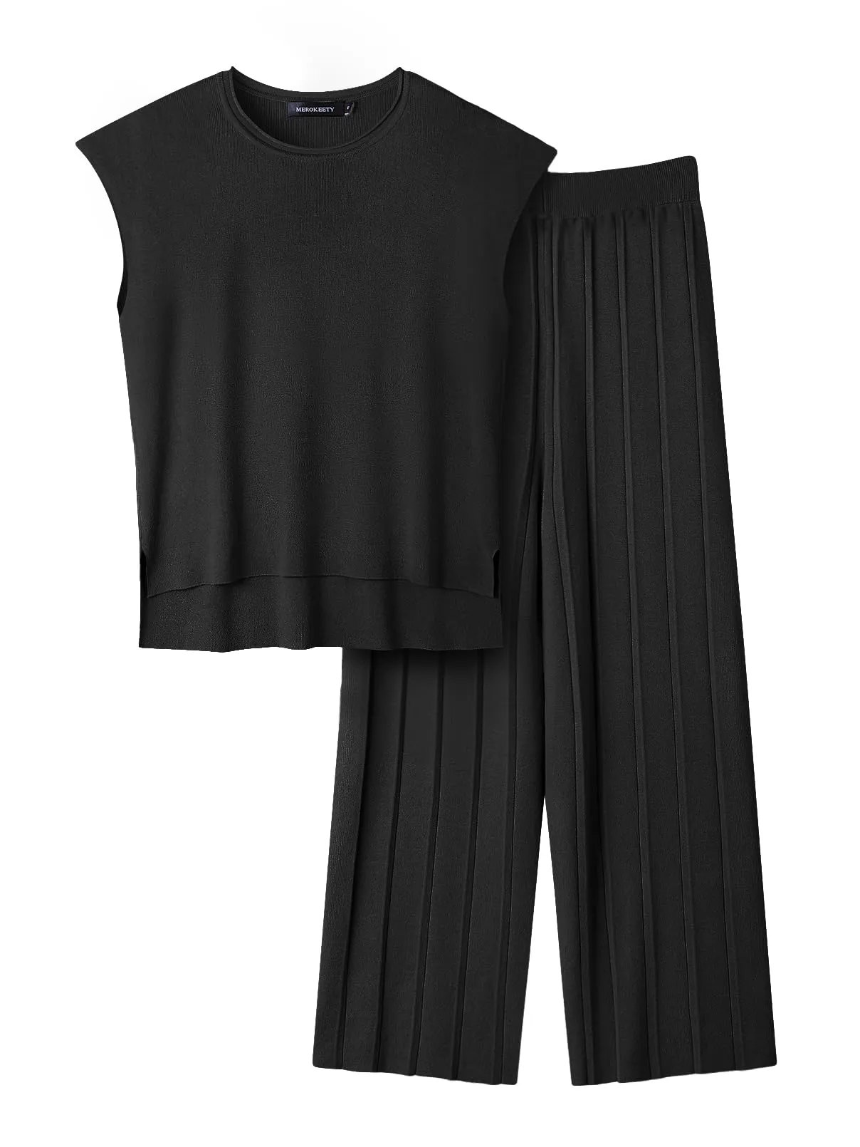 MEROKEETY Cap Sleeve Sweater Top Pleated Pants Lounge Set