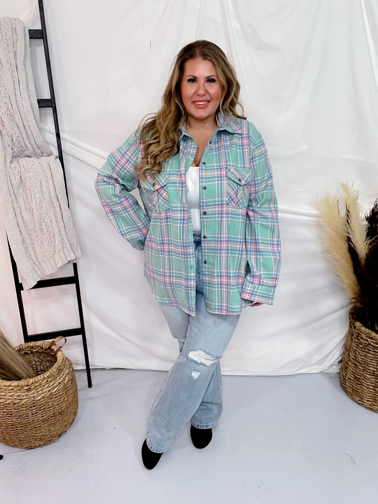 Mint Hooded Plaid Button Front Top