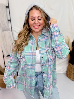 Mint Hooded Plaid Button Front Top