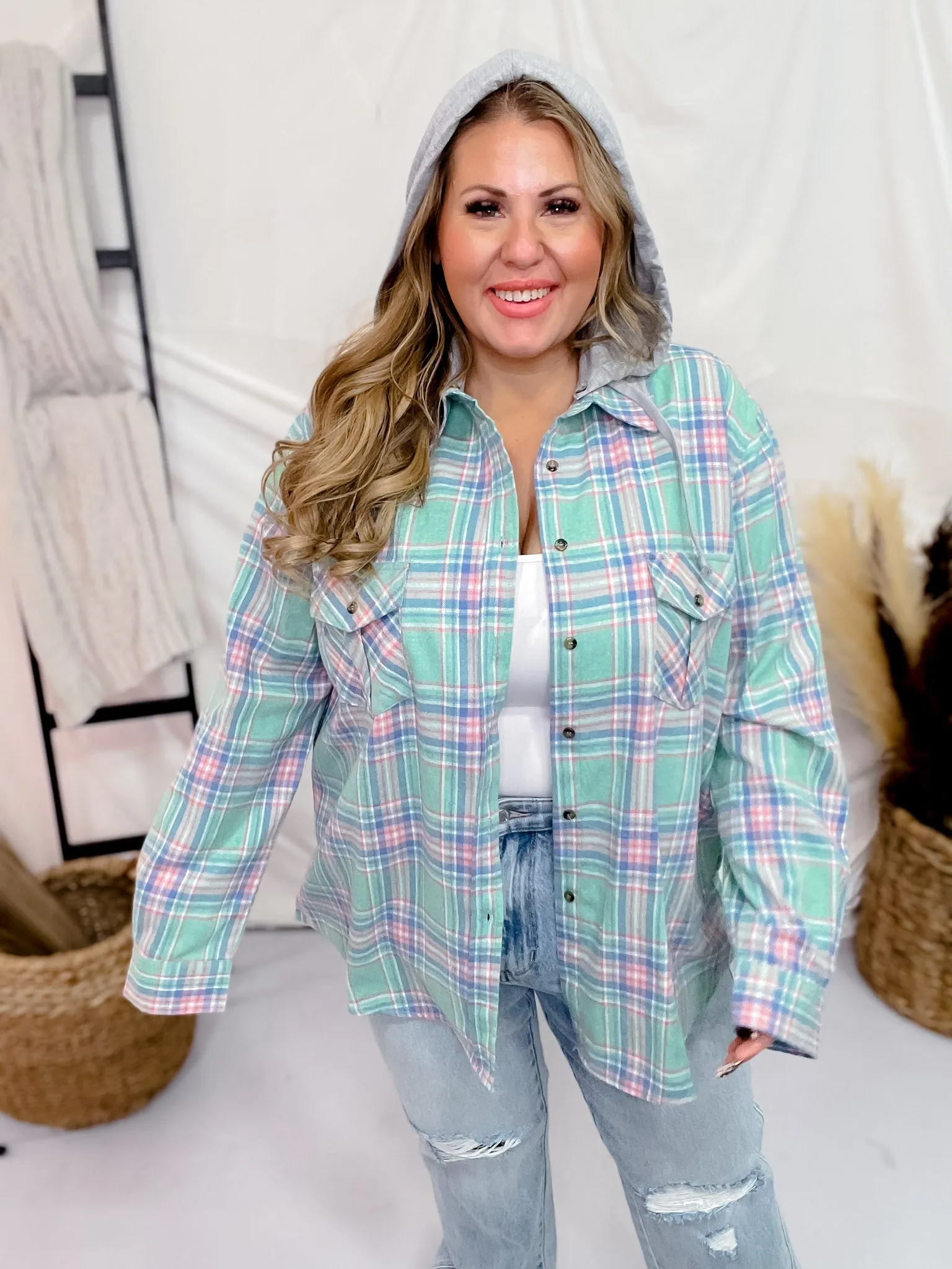 Mint Hooded Plaid Button Front Top