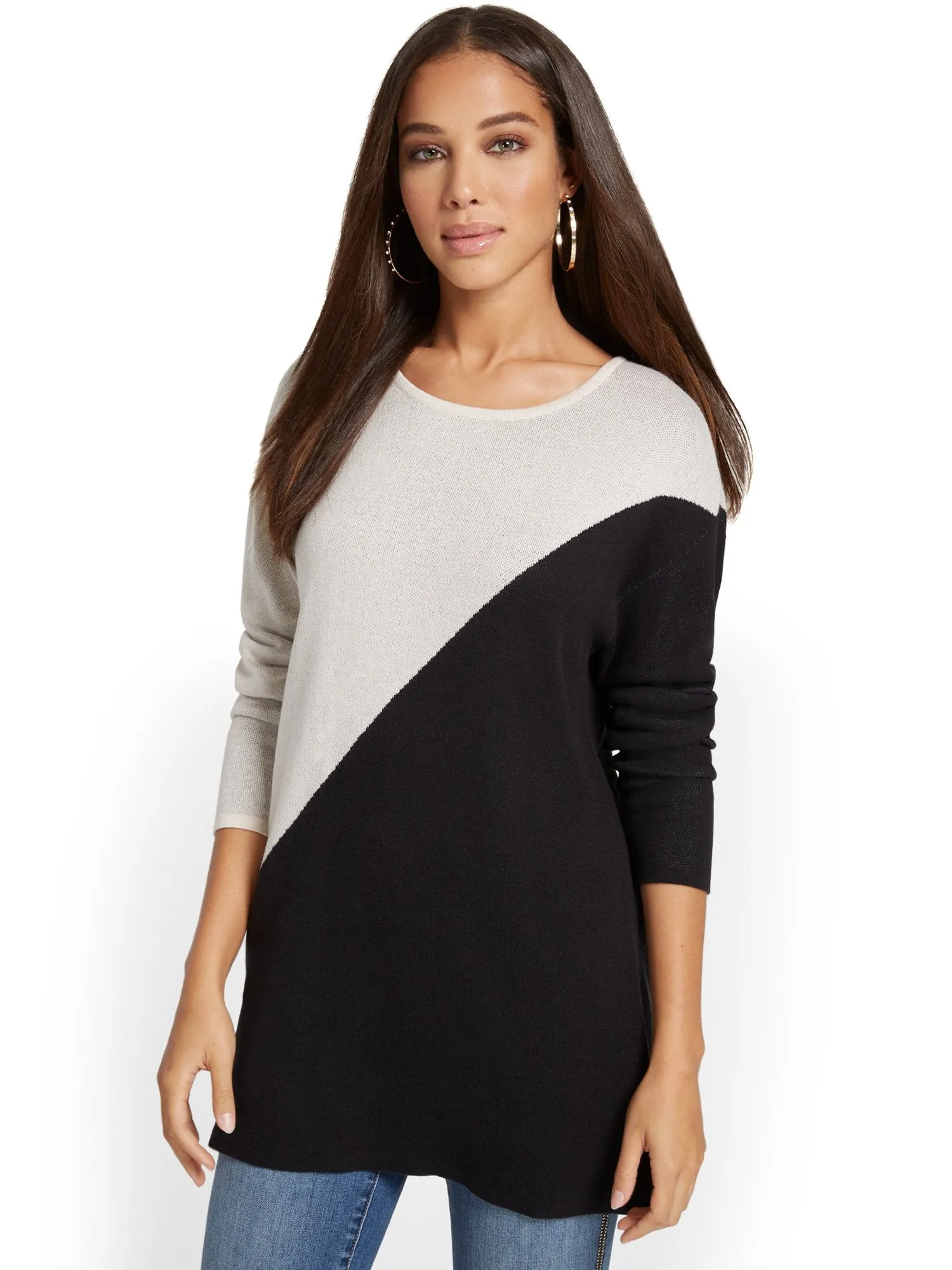 Mock-Neck Colorblock Tunic Sweater