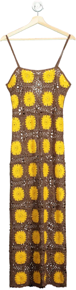 NA-KD Brown/Yellow Crochet Knitted Thin Strap Maxi Dress UK S/M