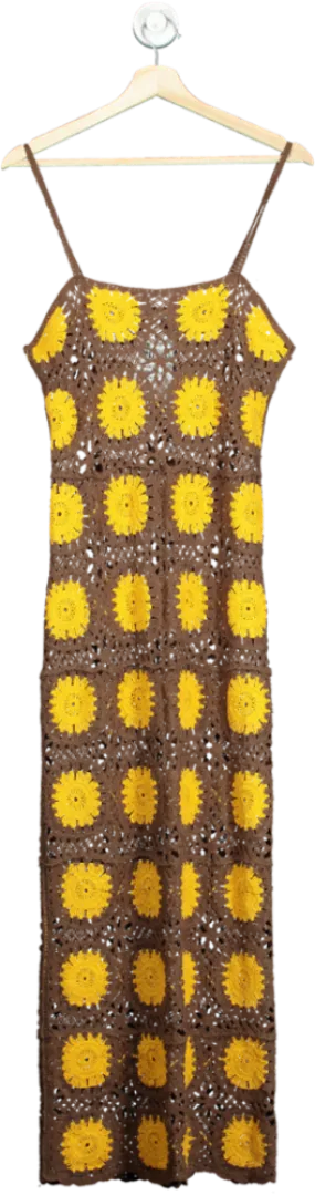 NA-KD Brown/Yellow Crochet Knitted Thin Strap Maxi Dress UK S/M