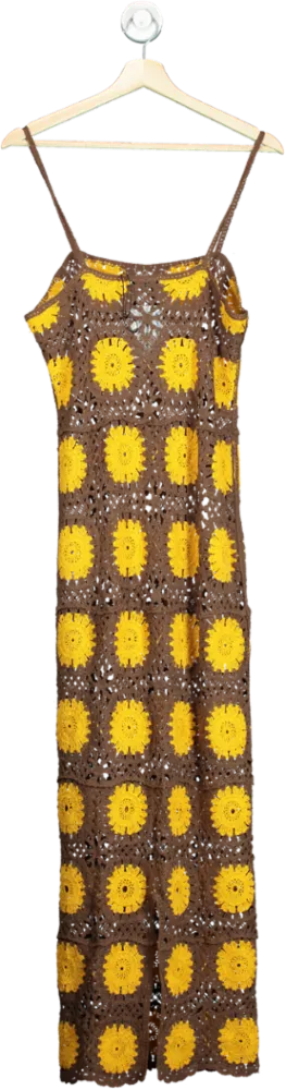 NA-KD Brown/Yellow Crochet Knitted Thin Strap Maxi Dress UK S/M