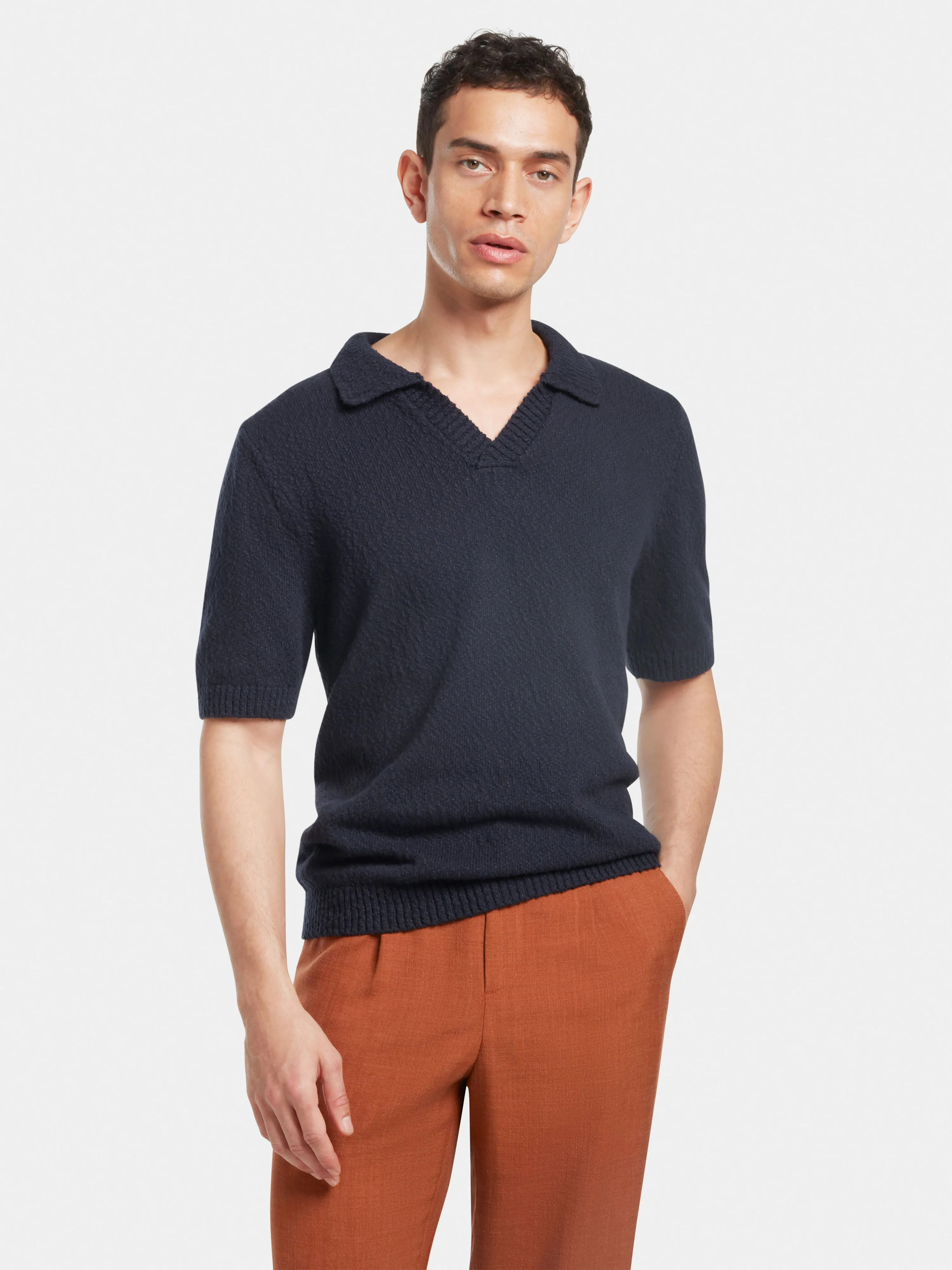 Navy Boucle Knit Resort Polo