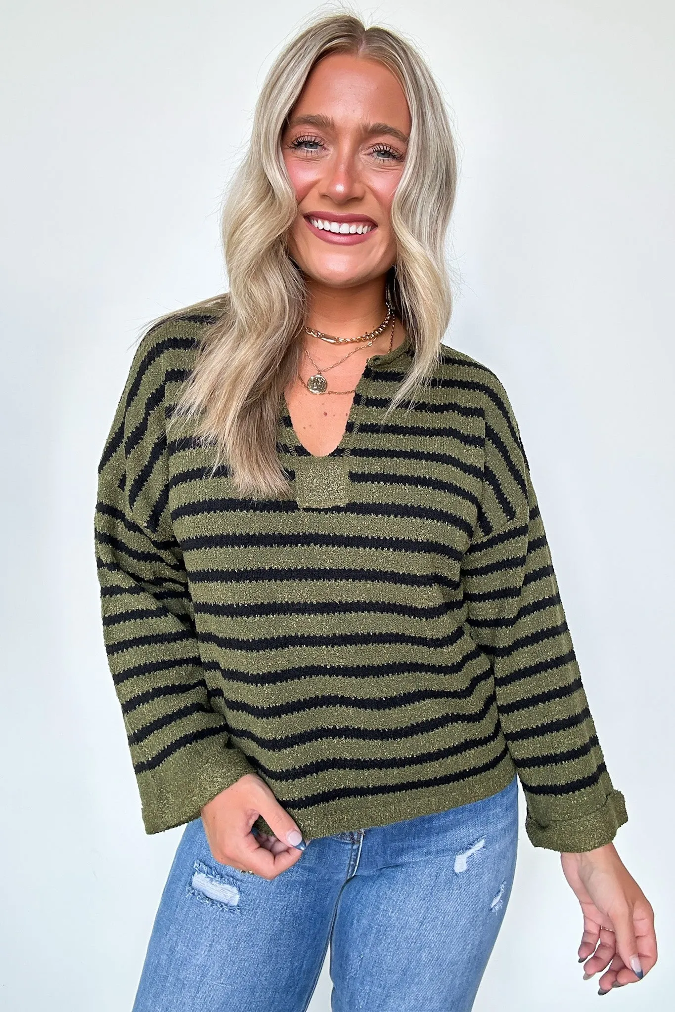 Novalie Striped Split Neck Sweater - FINAL SALE