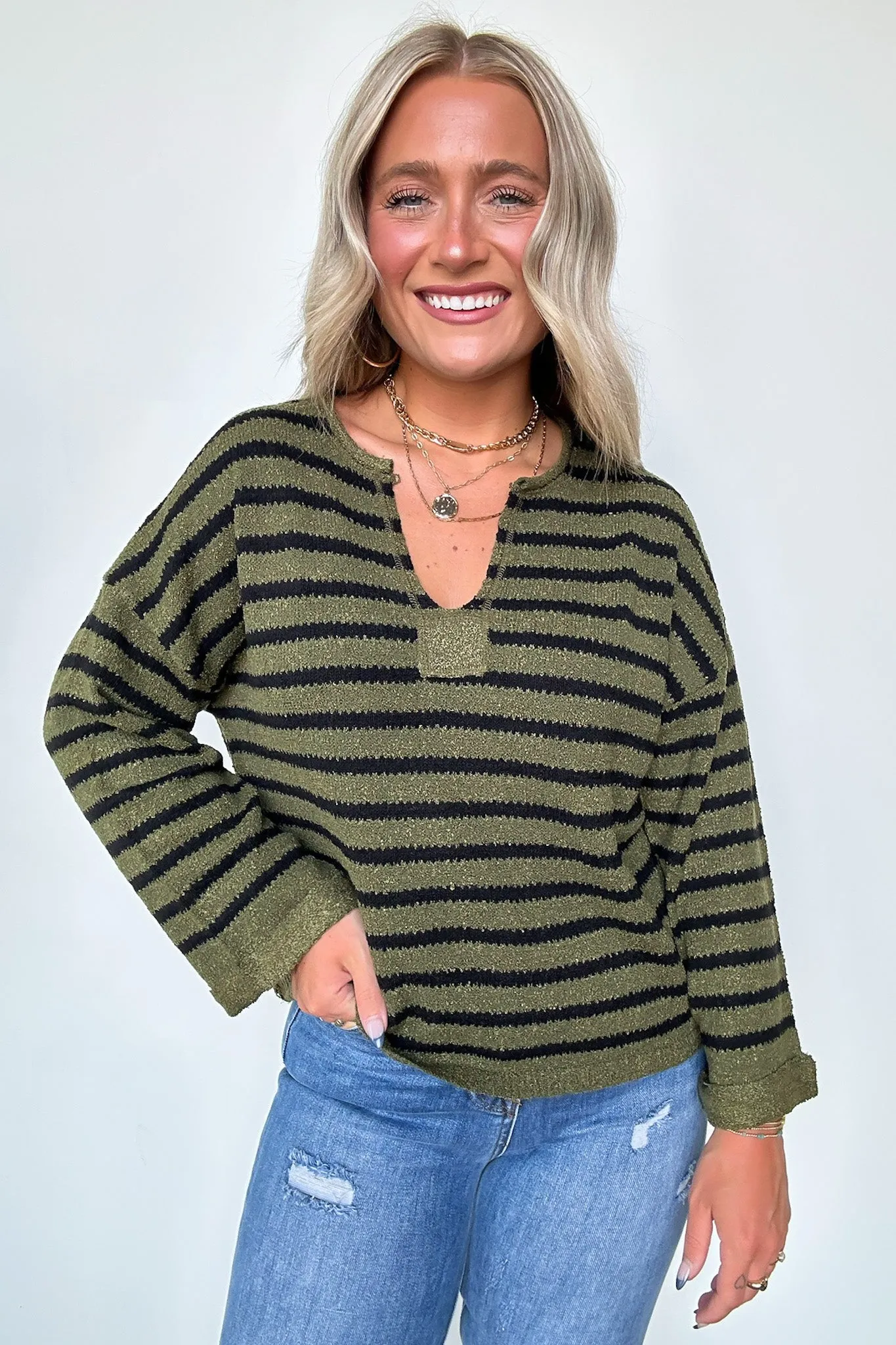 Novalie Striped Split Neck Sweater - FINAL SALE