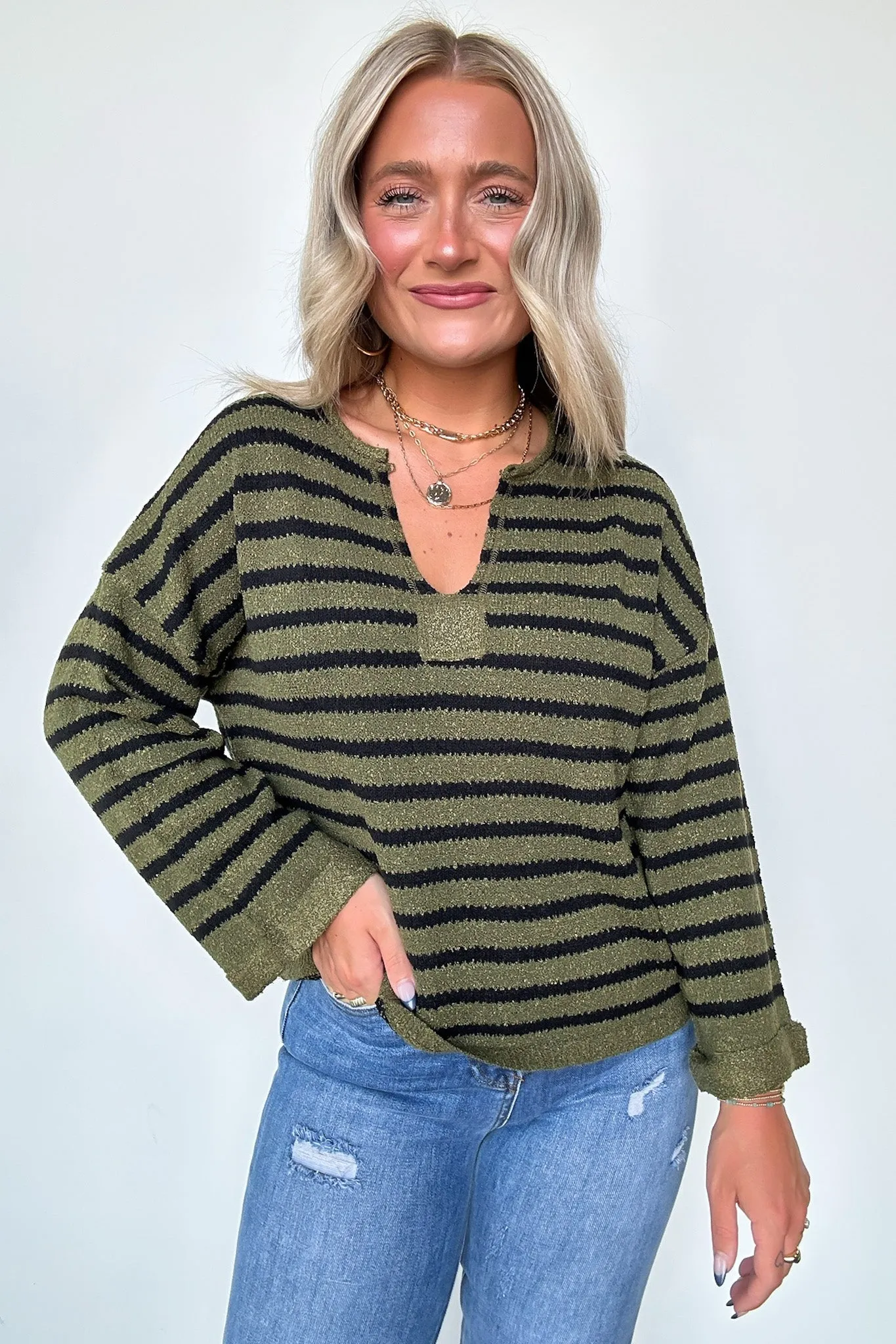 Novalie Striped Split Neck Sweater - FINAL SALE