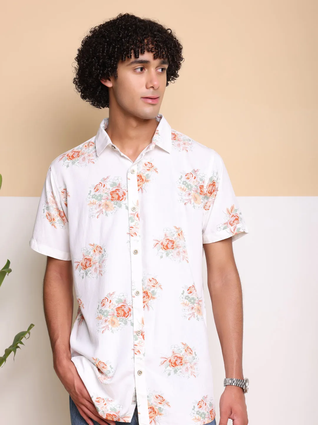 Orange Half Casual Printed Cotton Shirt Regular Fit For Man