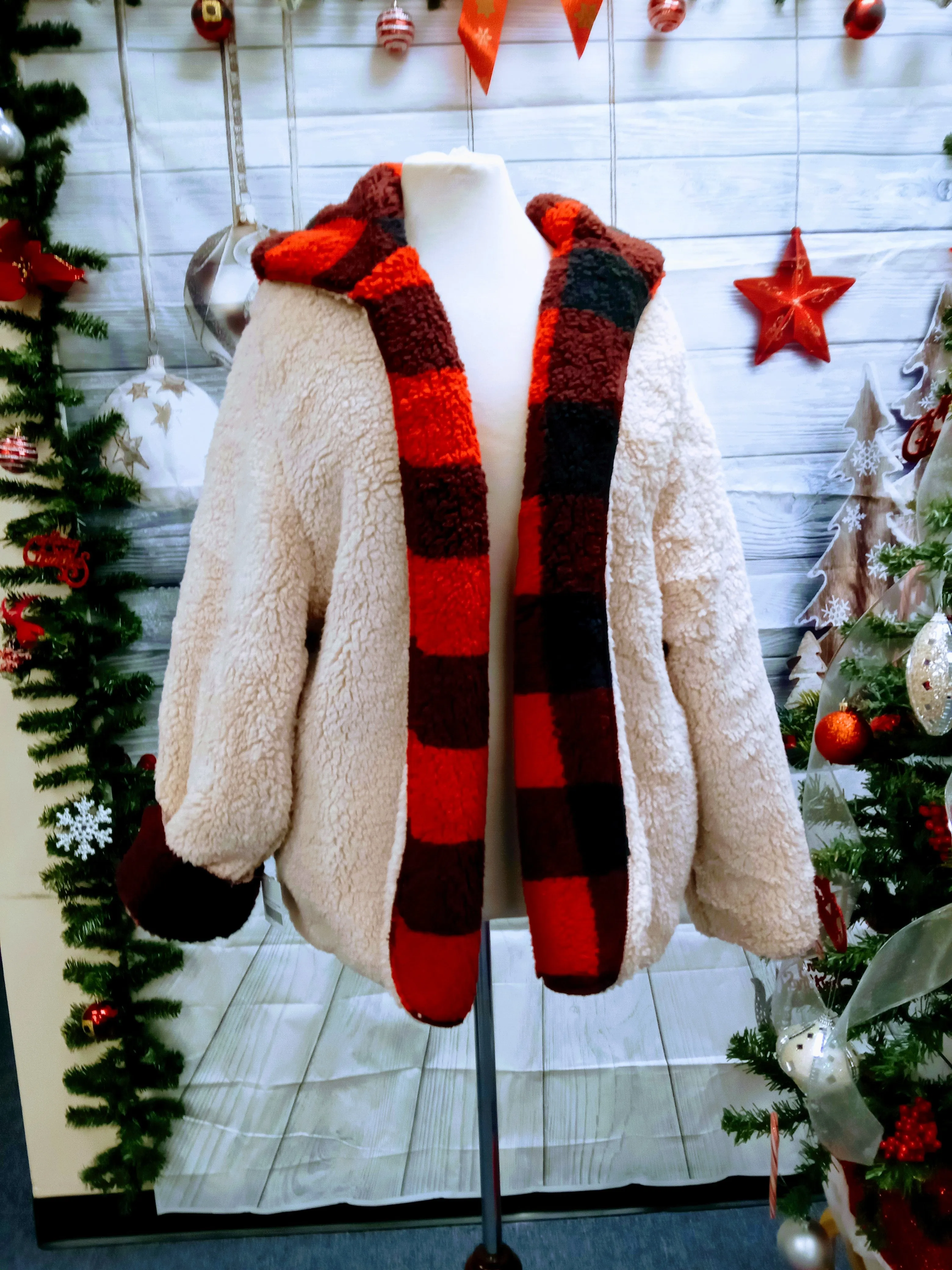 Plaid Fuzzy Red & Black Buffalo Check Sherpa Reversible Coat