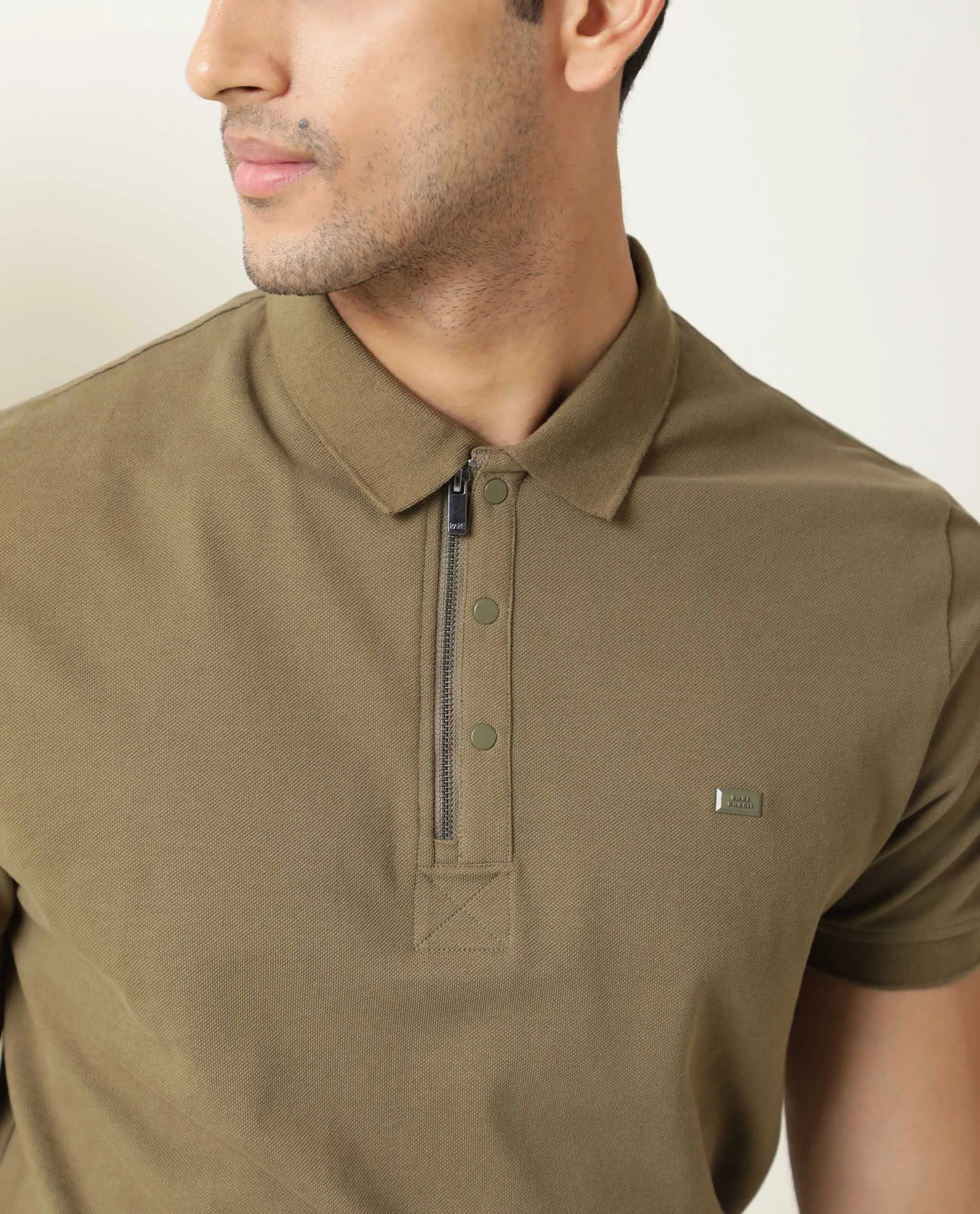 Rare Rabbit Men's Silas Olive Cotton Fabric Snap Button And Zipper Closure Collared Neck Half Sleeve Polo T-Shirt