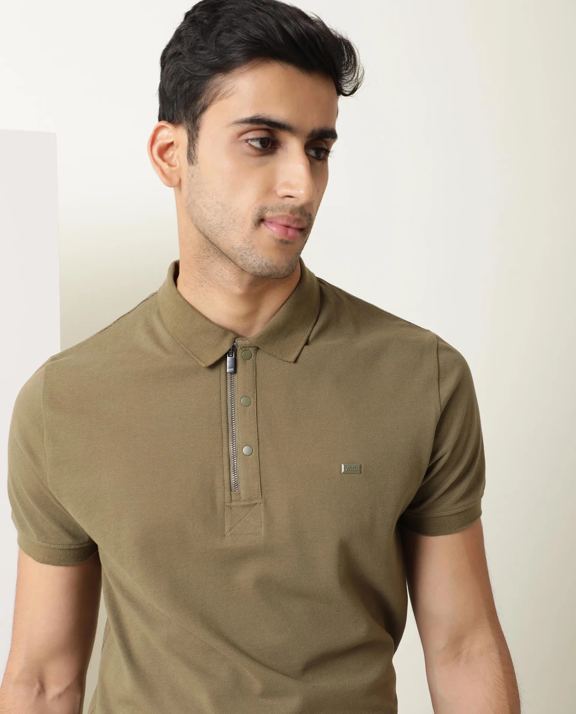 Rare Rabbit Men's Silas Olive Cotton Fabric Snap Button And Zipper Closure Collared Neck Half Sleeve Polo T-Shirt