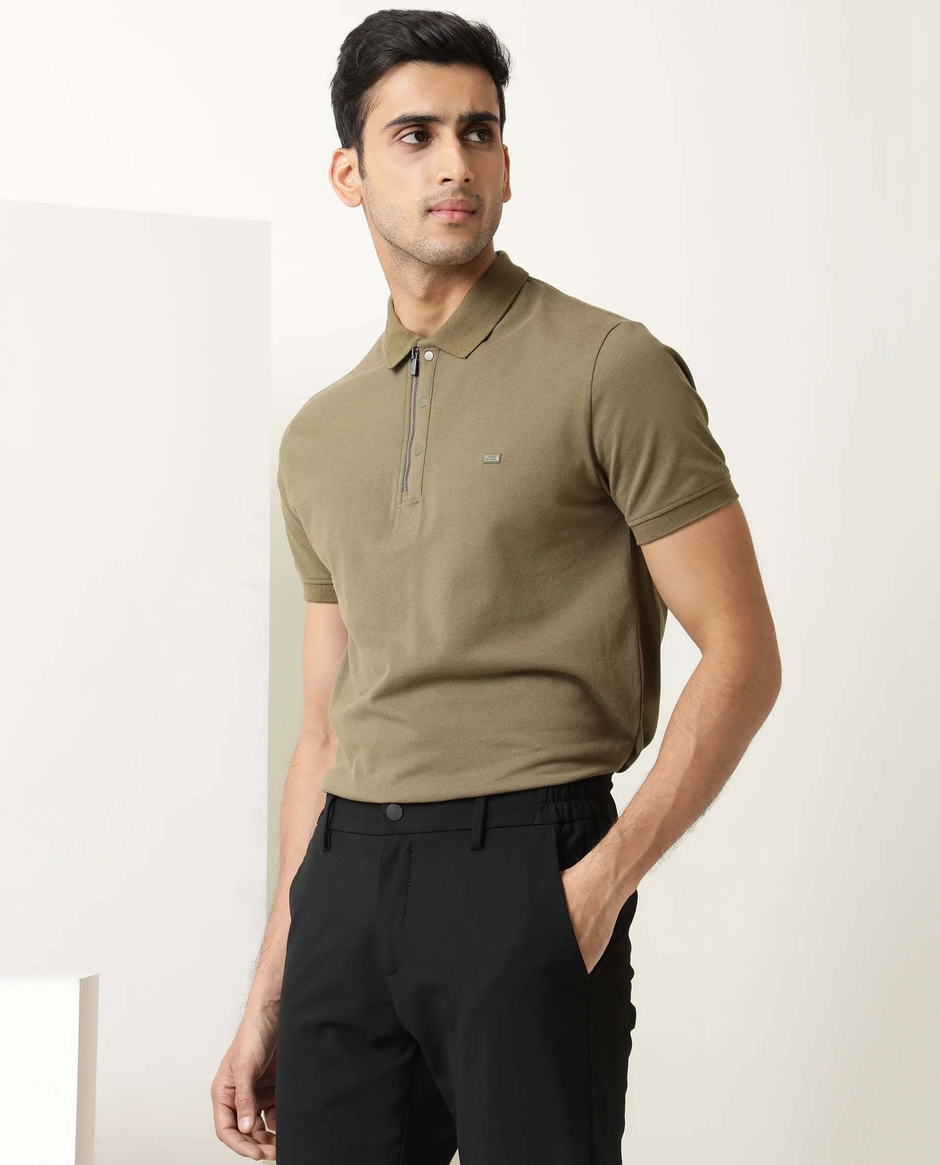 Rare Rabbit Men's Silas Olive Cotton Fabric Snap Button And Zipper Closure Collared Neck Half Sleeve Polo T-Shirt