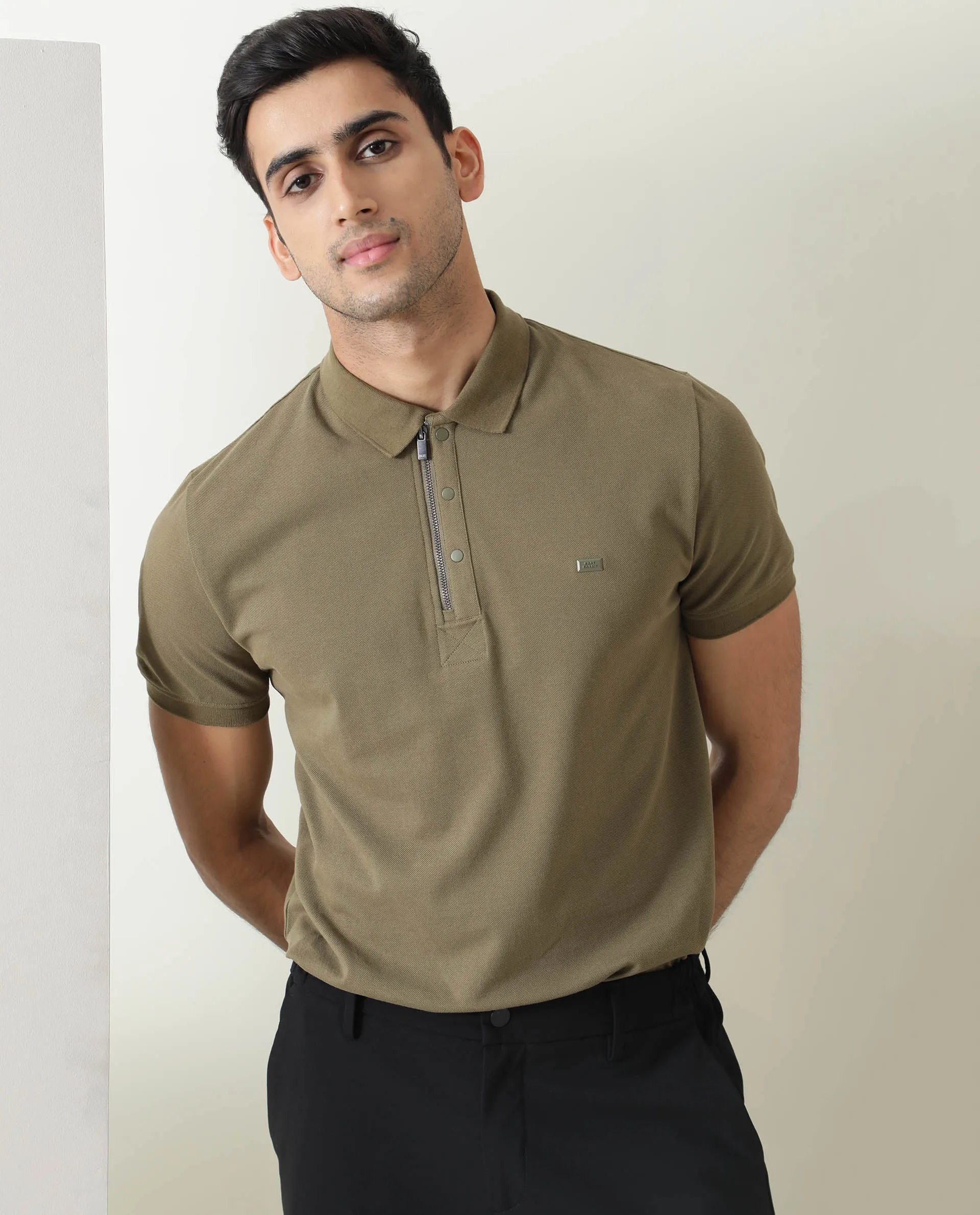 Rare Rabbit Men's Silas Olive Cotton Fabric Snap Button And Zipper Closure Collared Neck Half Sleeve Polo T-Shirt