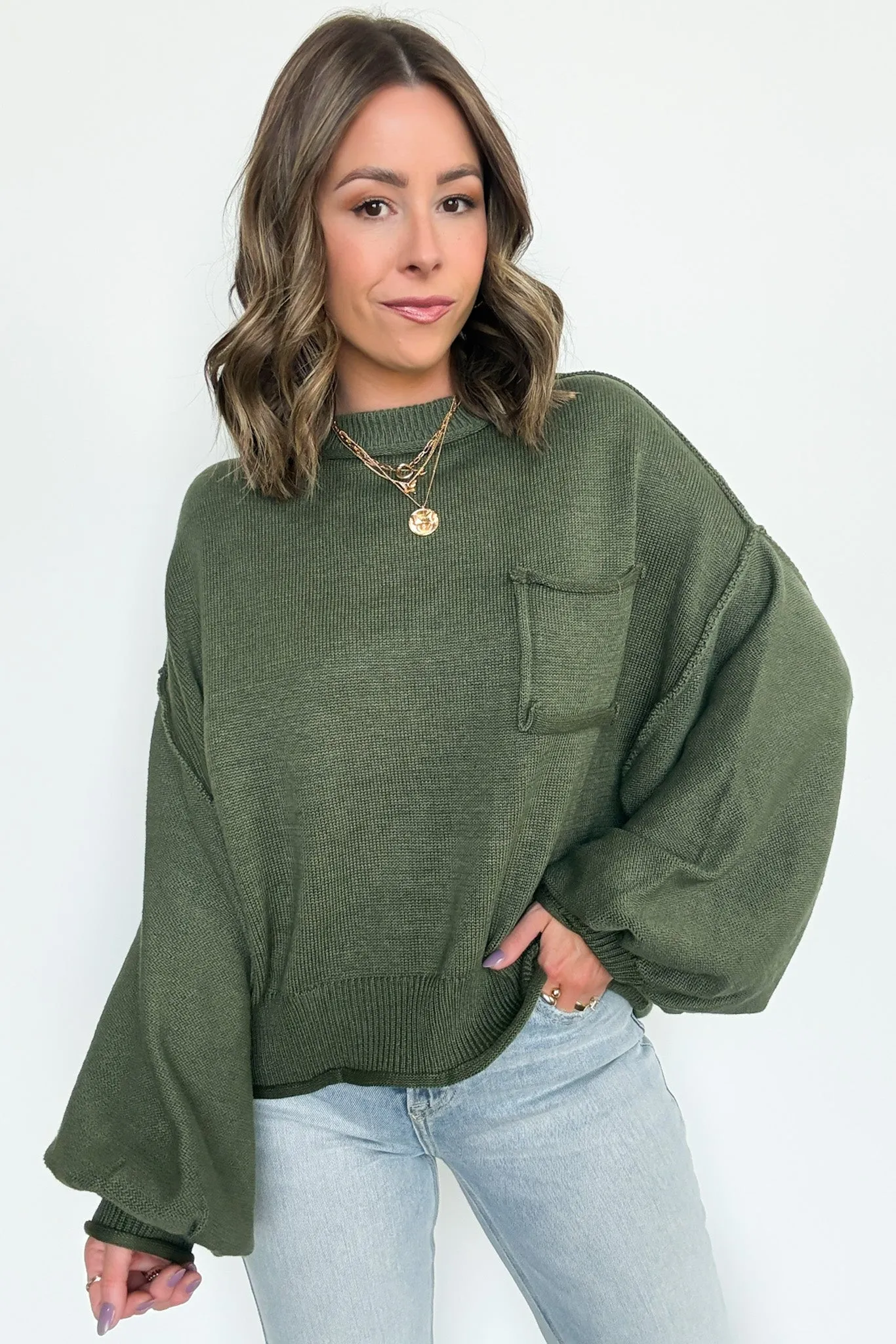 Saylor Balloon Sleeve Relaxed Knit Pocket Sweater