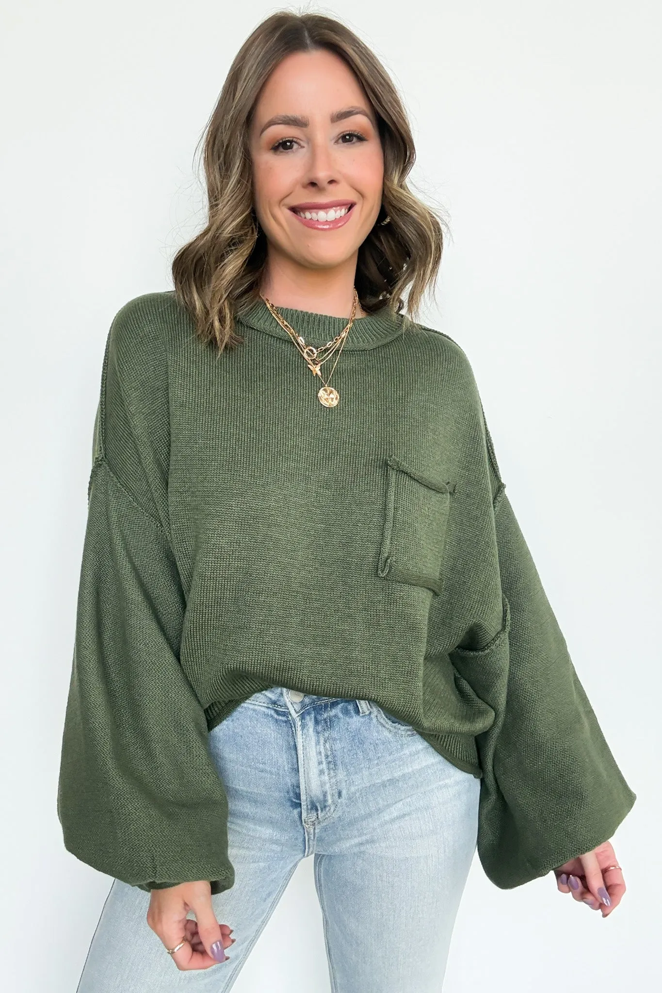 Saylor Balloon Sleeve Relaxed Knit Pocket Sweater