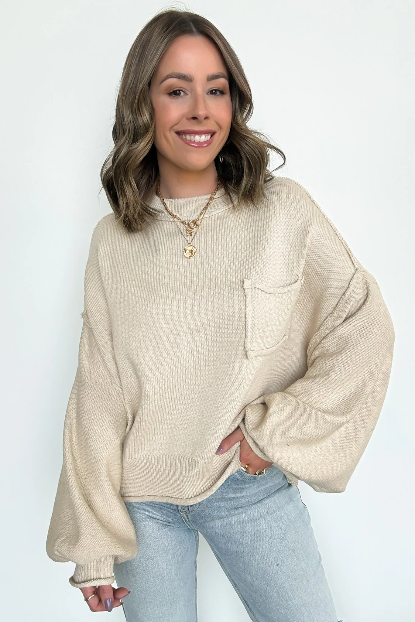 Saylor Balloon Sleeve Relaxed Knit Pocket Sweater